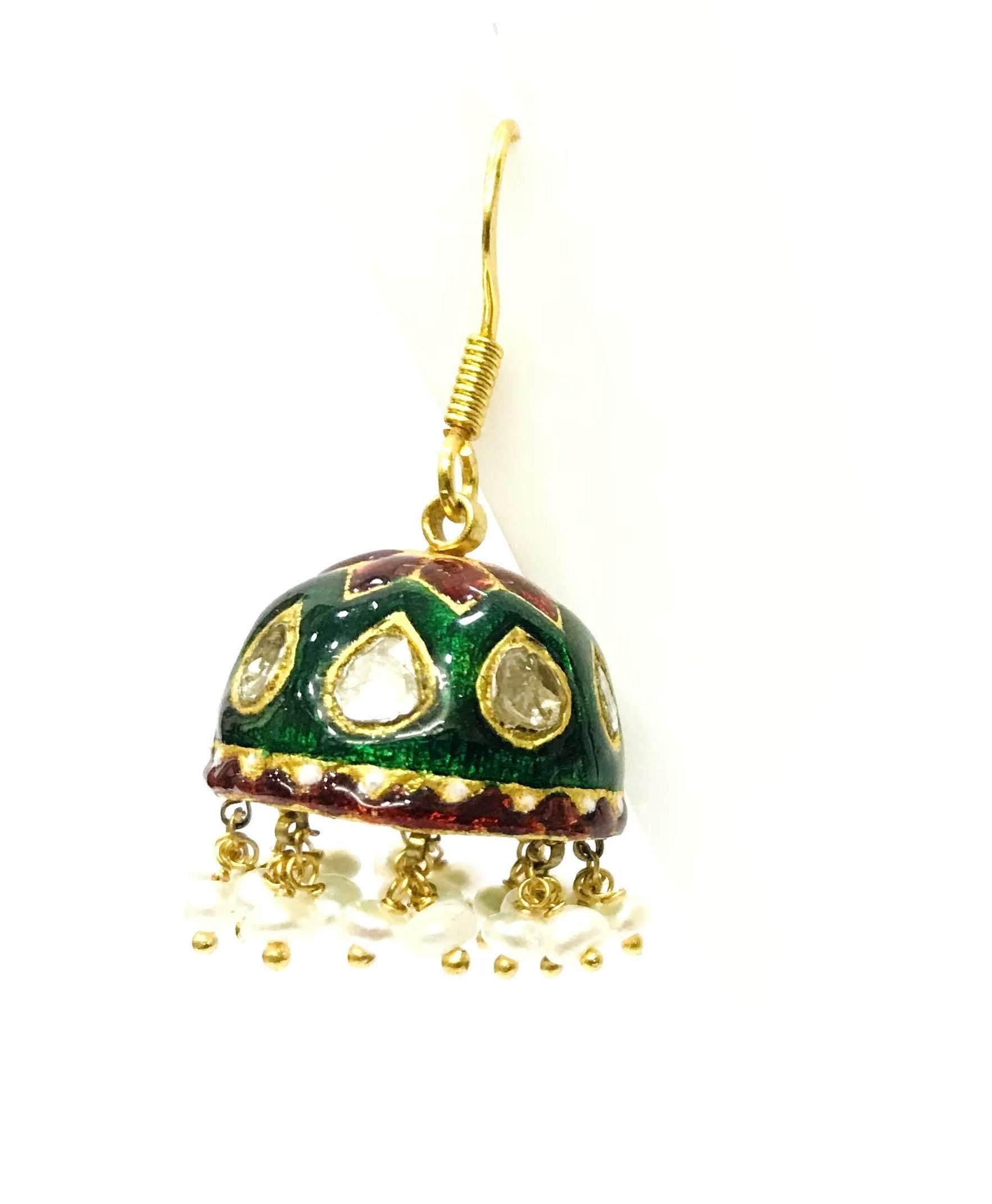 22kt Gold Polki Diamond Meenakari Drop Earrings, Indian Wedding Jewellery