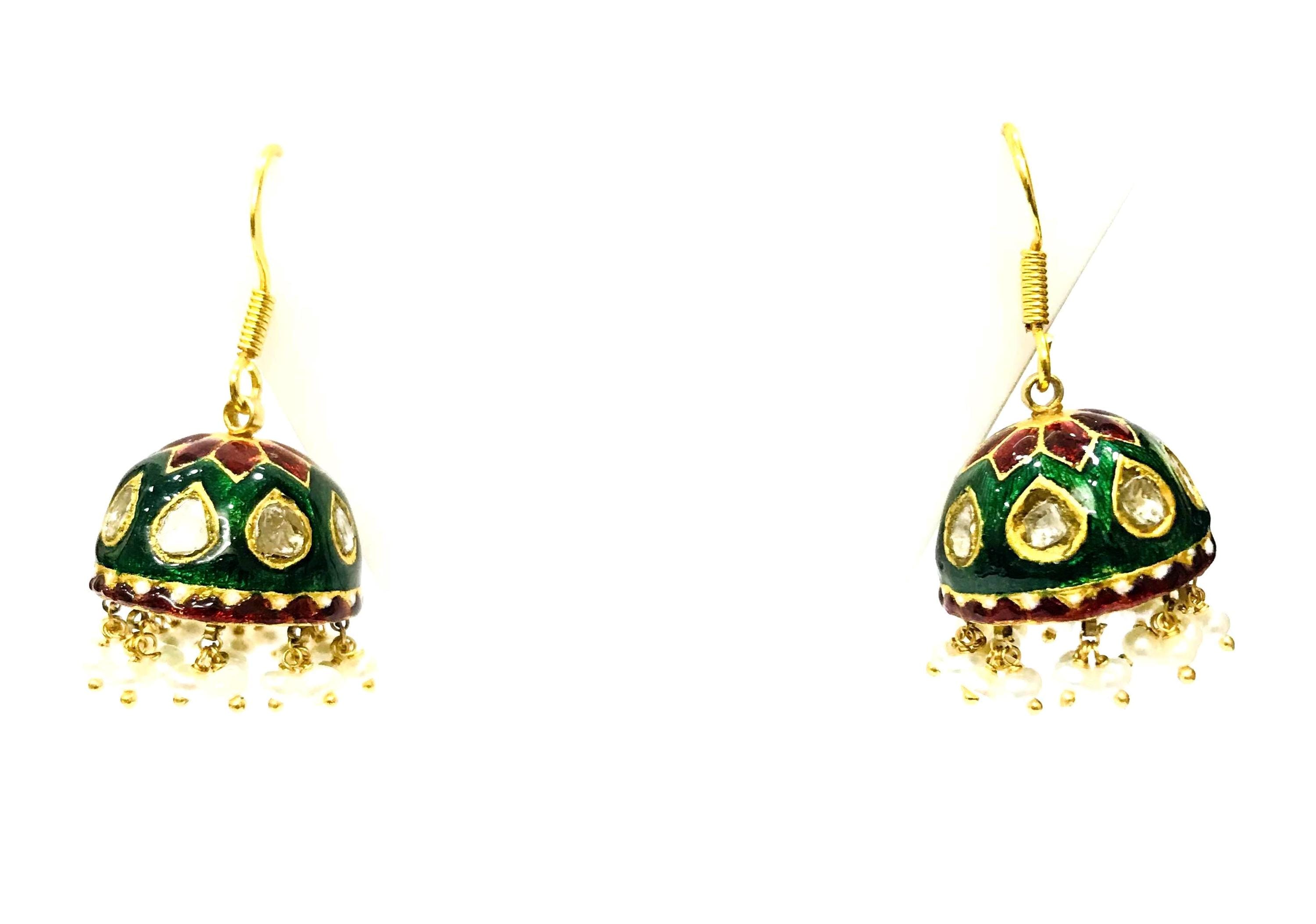 22kt Gold Polki Diamond Meenakari Drop Earrings, Indian Wedding Jewellery