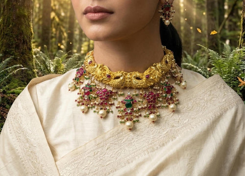22kt Gold Mughal Jadau Necklace Set, Ruby Emerald Pearl Meenakari Peacock Fish Motif