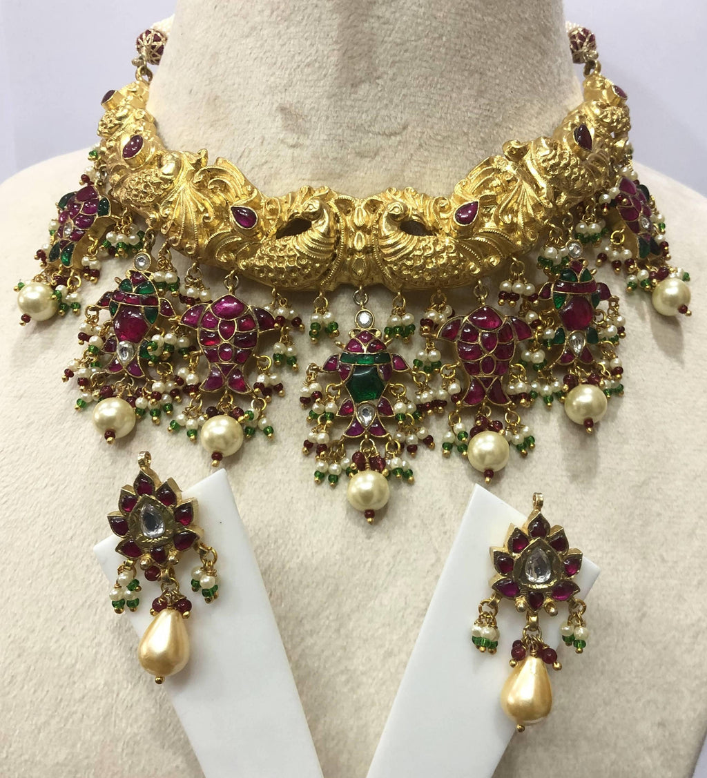 22kt Gold Mughal Jadau Necklace Set, Ruby Emerald Pearl Meenakari Peacock Fish Motif