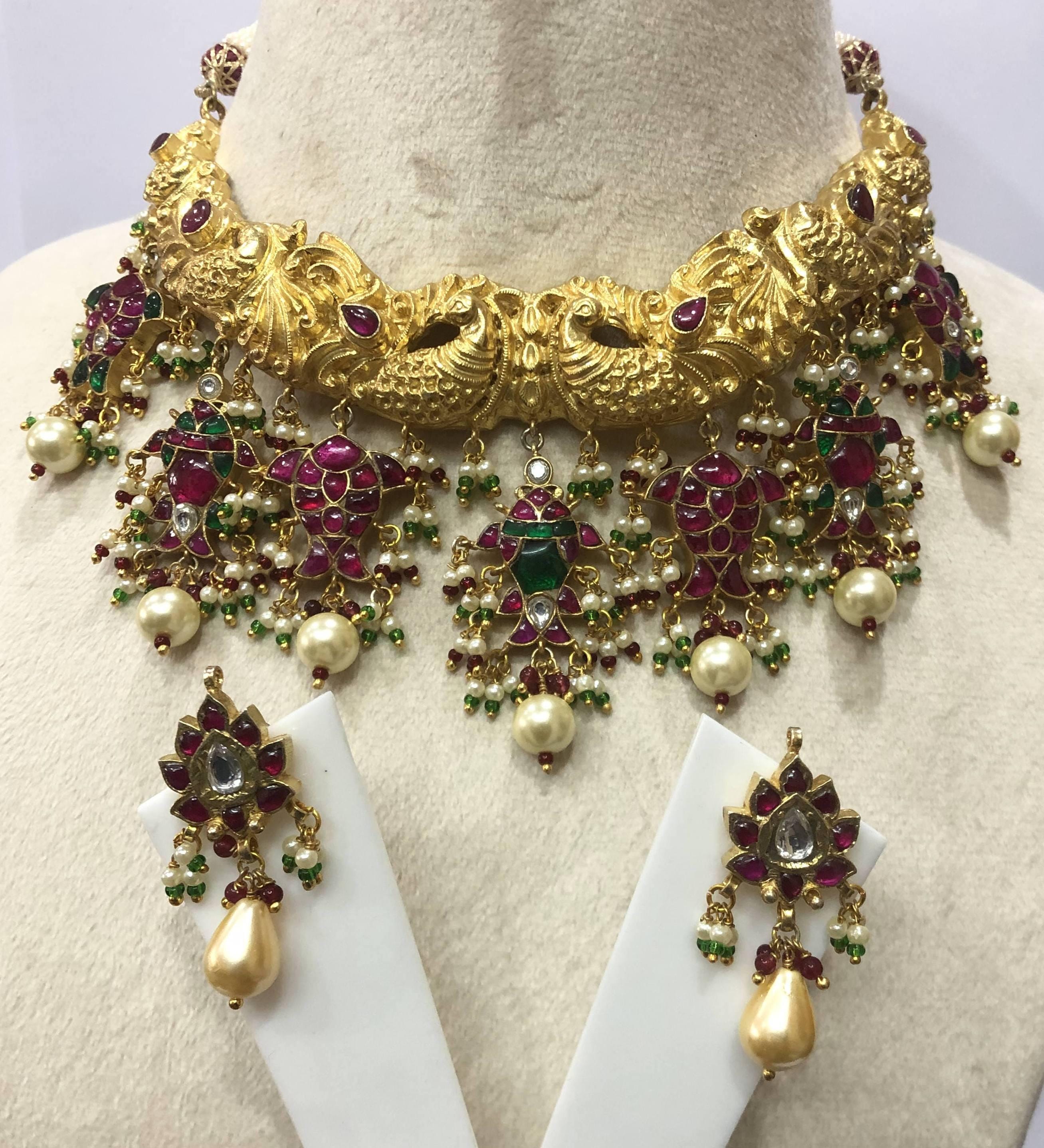 22kt Gold Mughal Jadau Necklace Set, Ruby Emerald Pearl Meenakari Peacock Fish Motif