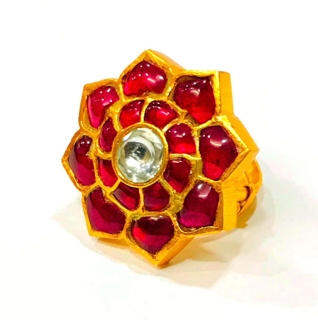 22kt Gold Polki Meenakari Floral Ring, Handmade Indian Wedding Jewelry