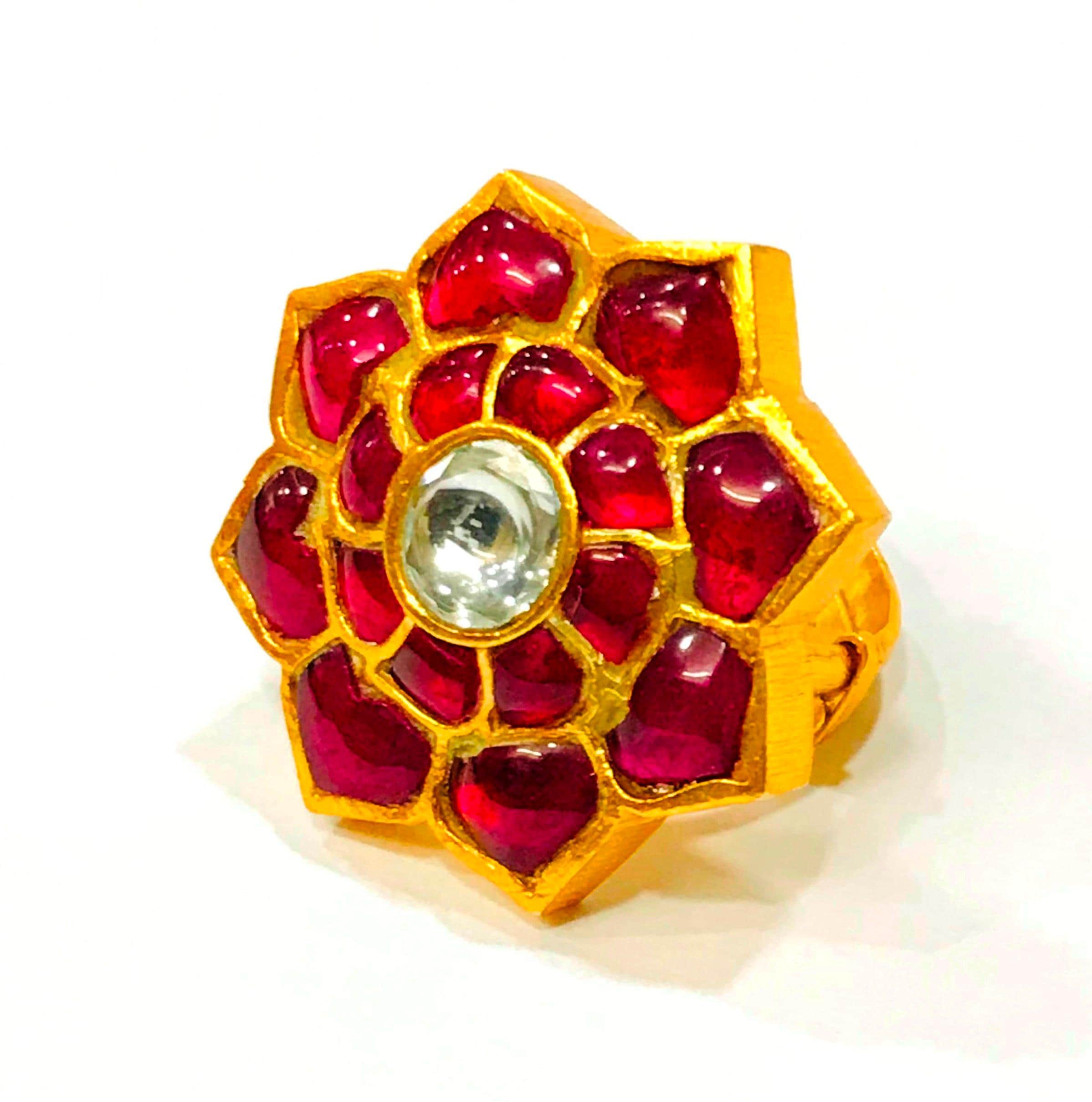 22kt Gold Polki Meenakari Floral Ring, Handmade Indian Wedding Jewelry