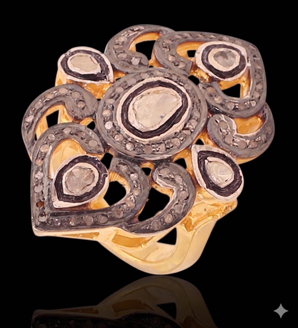 Victorian 18k Gold Silver Rosecut Diamond Polki Statement Ring