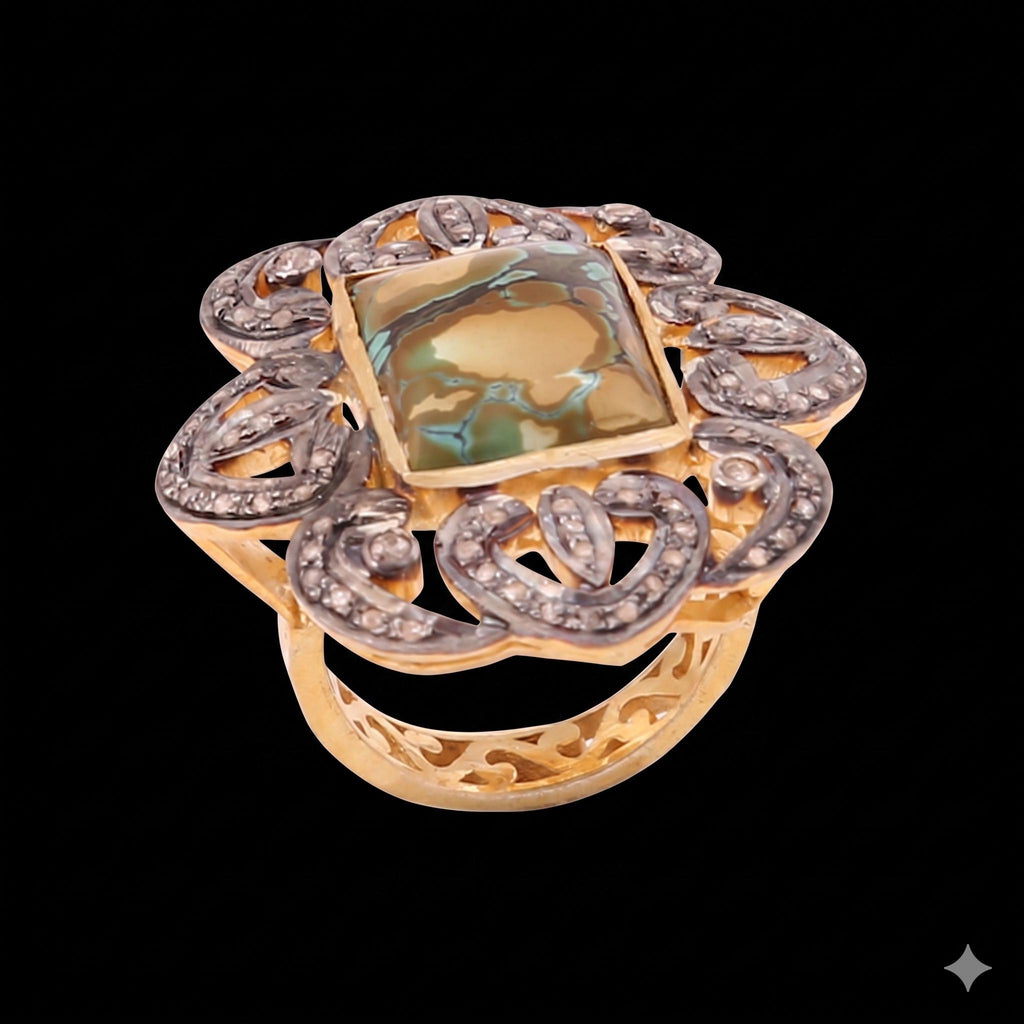Attractive Turquoise & Diamond Polki Ring, 18k Gold, Sterling Silver Victorian Statement Ring