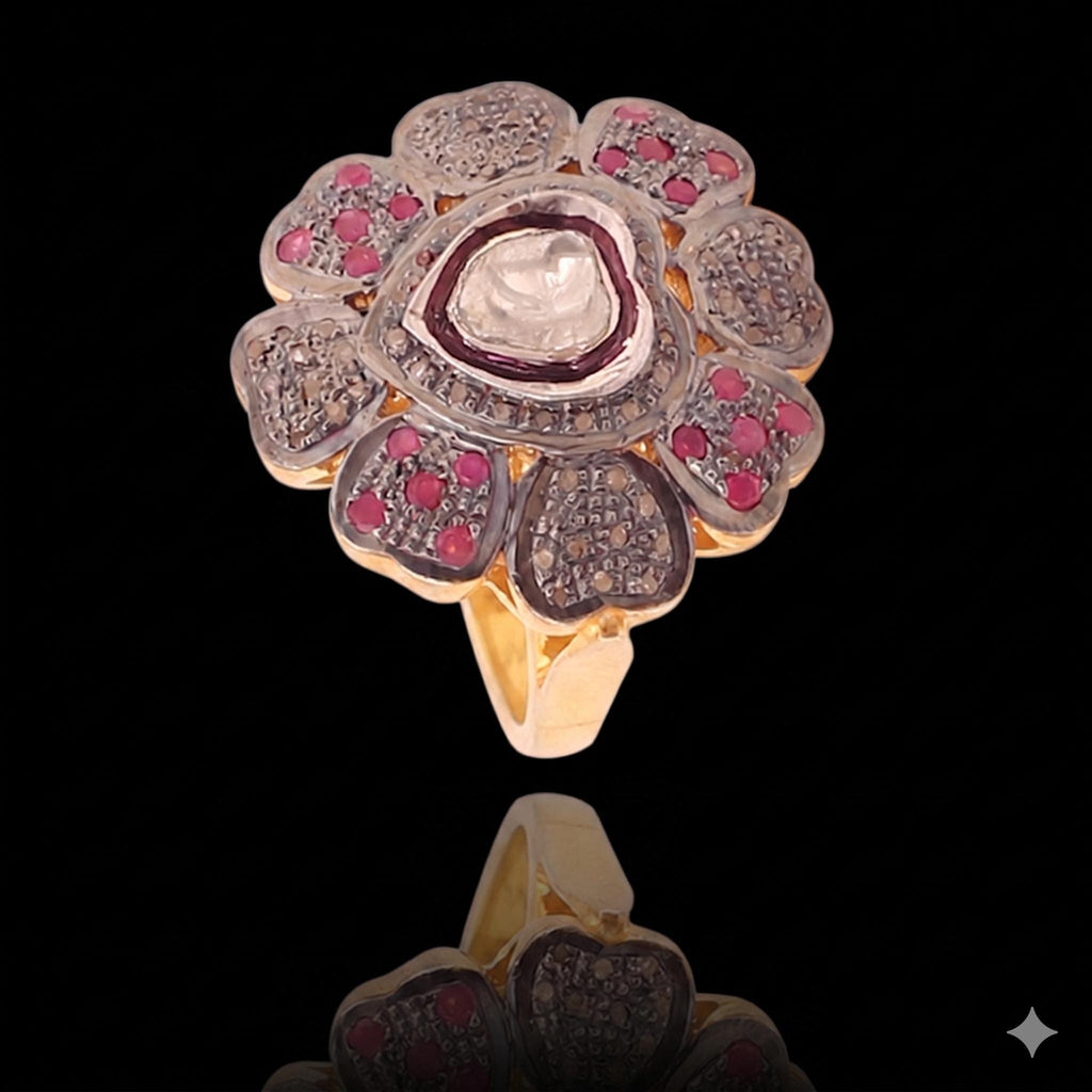 Attractive Ruby & Diamond Polki Ring, 18k Gold, Sterling Silver Fashionable Victorian Statement Ring
