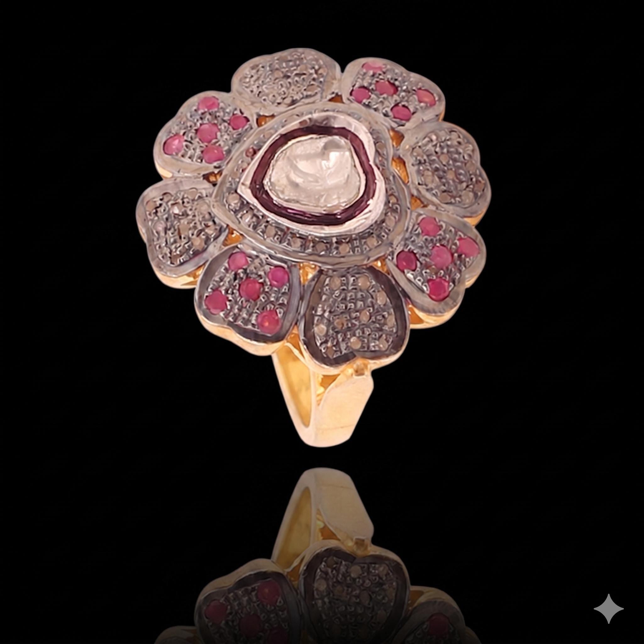 Attractive Ruby & Diamond Polki Ring, 18k Gold, Sterling Silver Fashionable Victorian Statement Ring