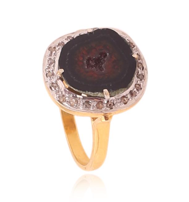 Exclusive Druzy & Diamond Polki Ring, 18k Gold and Sterling Silver Victorian Statement Ring
