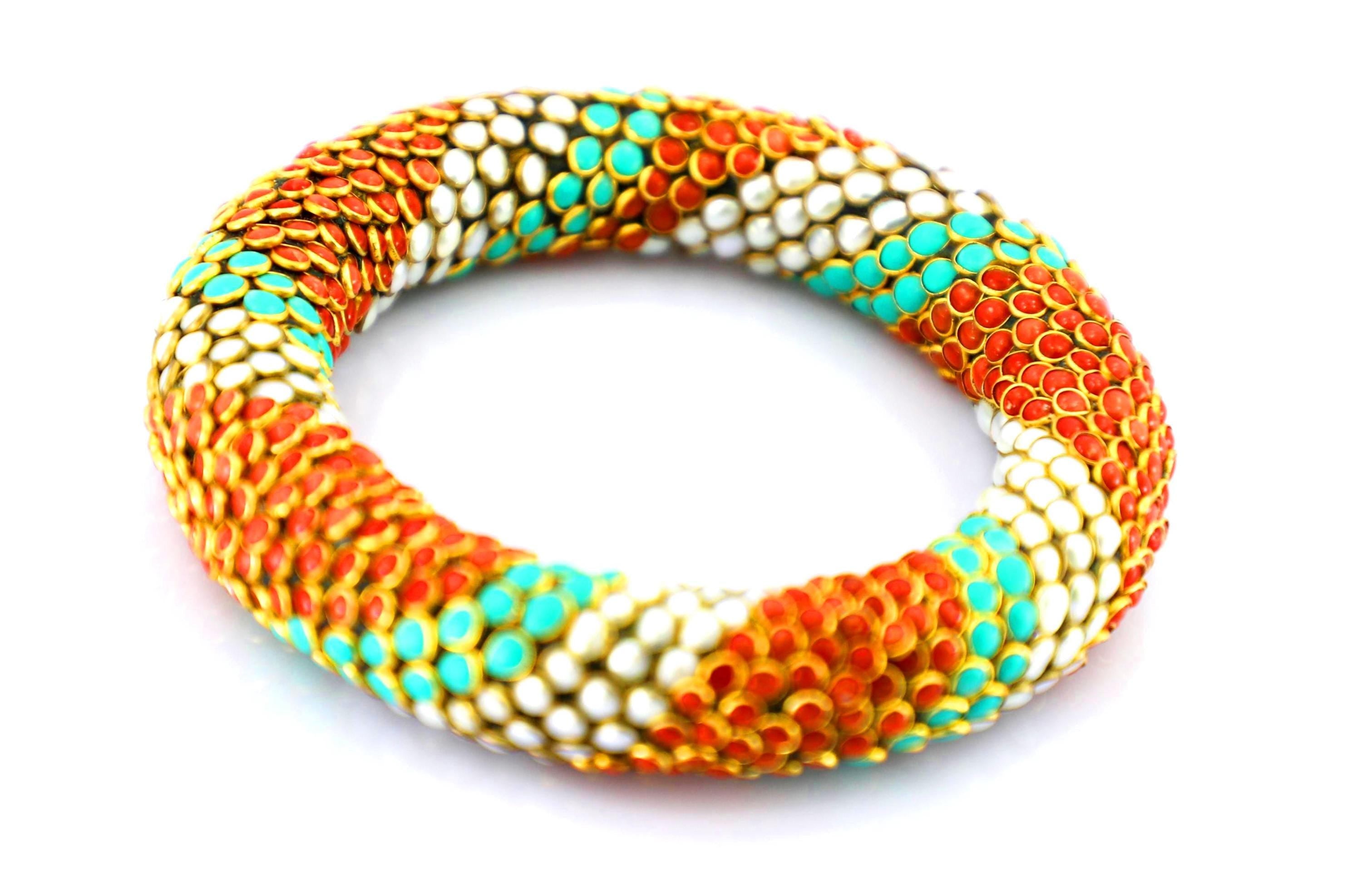 Handmade Kundan Meena Bangle, 22kt Gold Coral Turquoise Pearl Bracelet