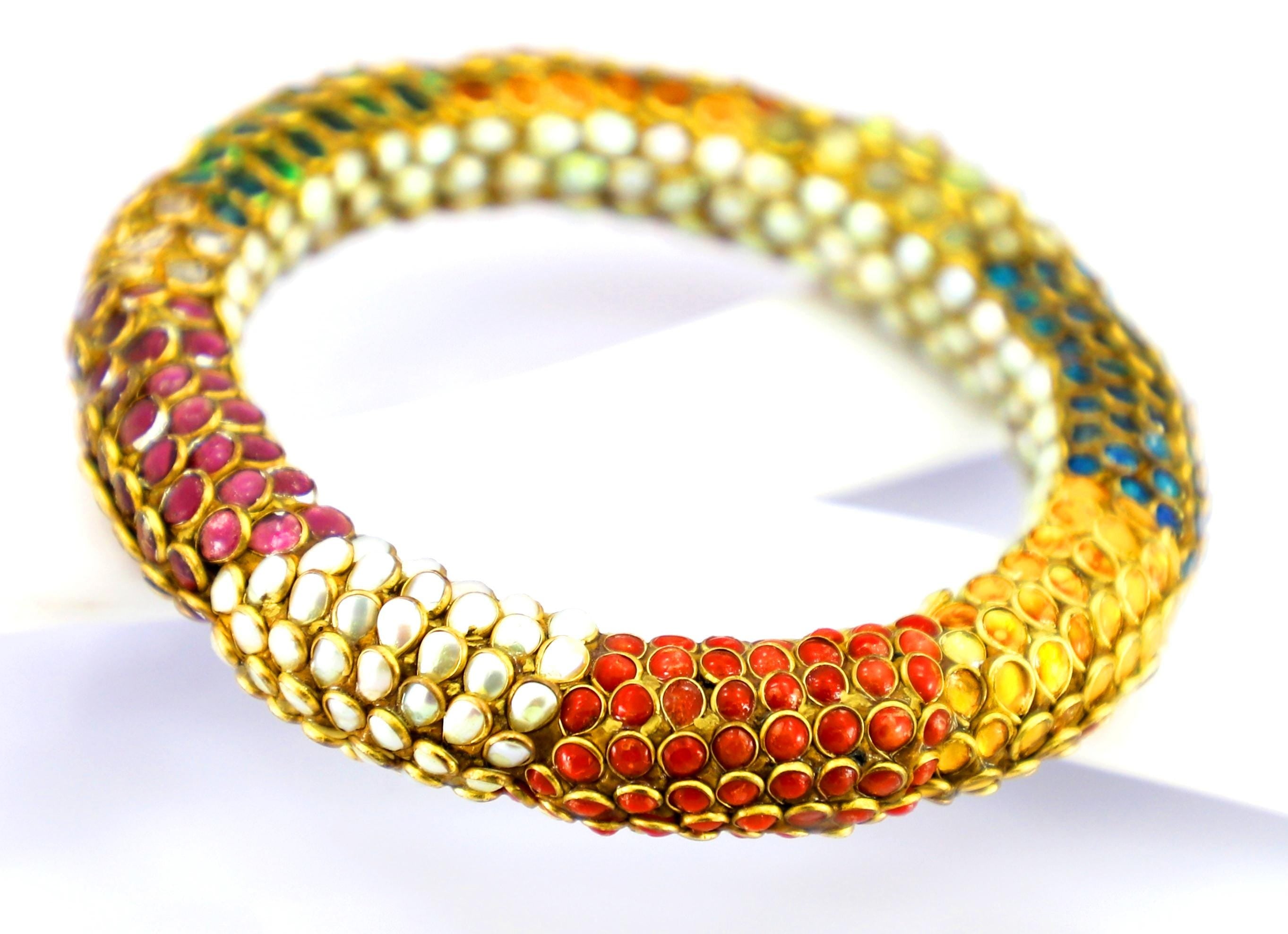 22kt Gold Kundan Meena Bangle, Emerald Coral Turquoise Pearl, Handmade Jadau Bracelet