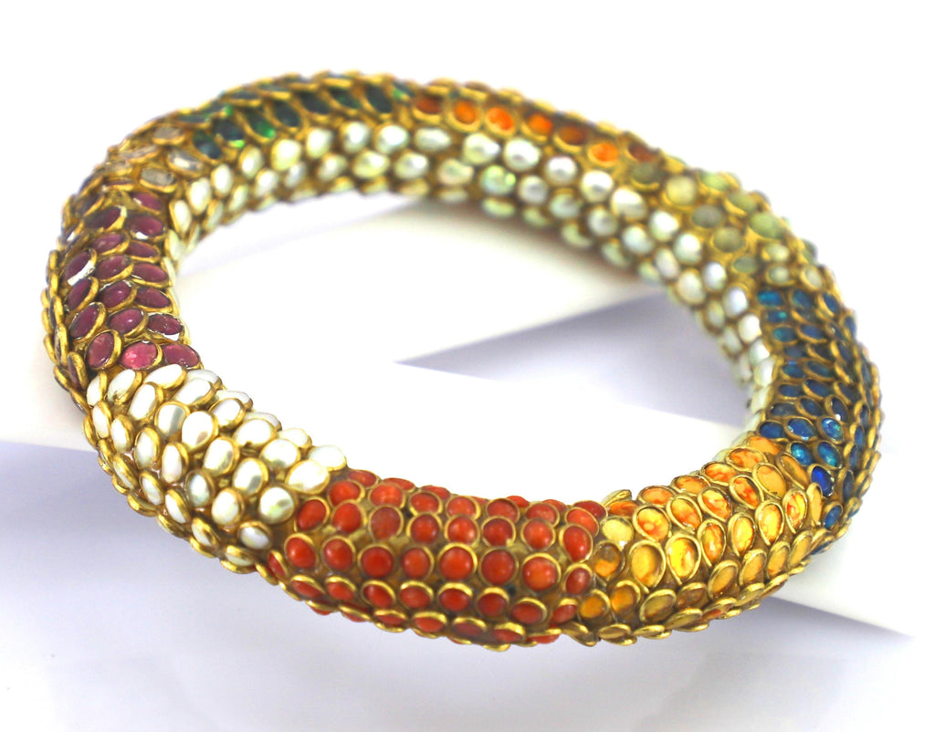 22kt Gold Kundan Meena Bangle, Emerald Coral Turquoise Pearl, Handmade Jadau Bracelet