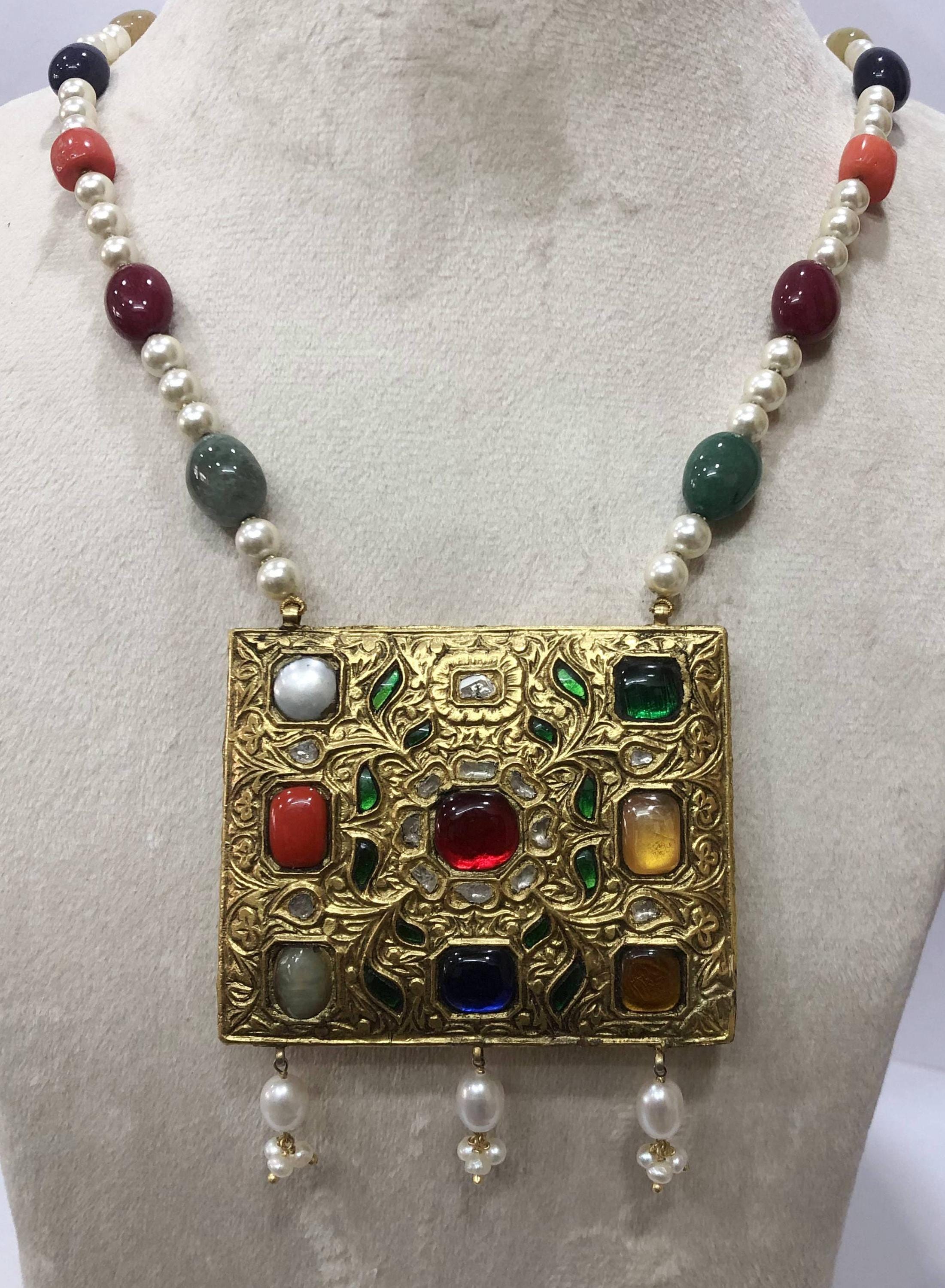 22kt Gold Navratna Necklace Set, Meenakari Jadau Gemstone Statement Jewelry