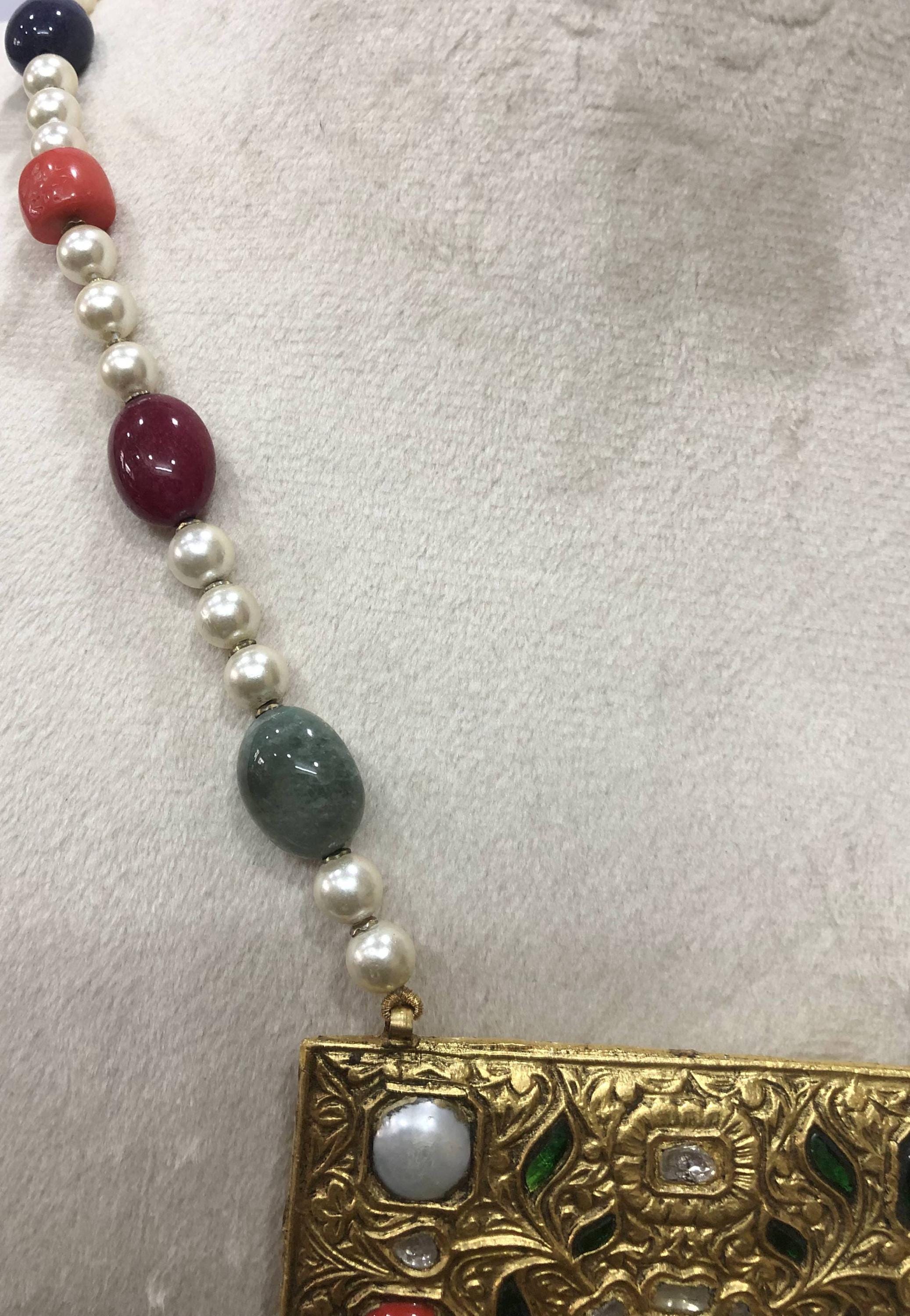 22kt Gold Navratna Necklace Set, Meenakari Jadau Gemstone Statement Jewelry