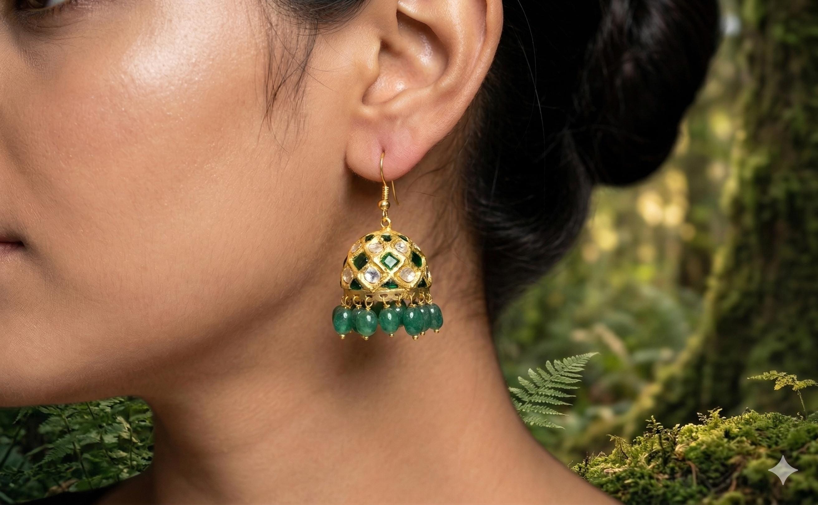 22kt Gold Polki Meenakari Drop Earrings, Handmade Jadau Indian Wedding Jewelry