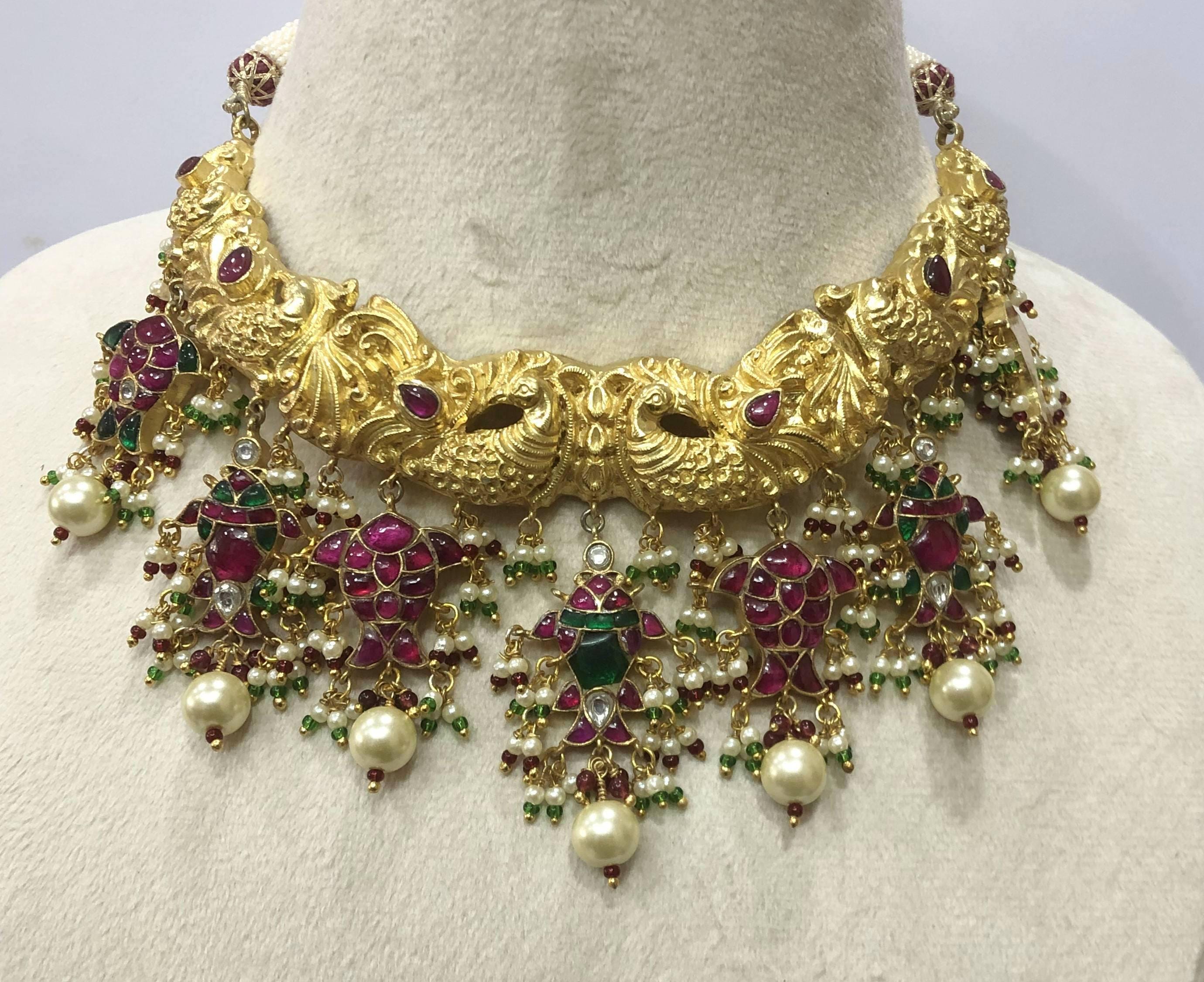 22kt Gold Mughal Jadau Necklace Set, Ruby Emerald Pearl Meenakari Peacock Fish Motif