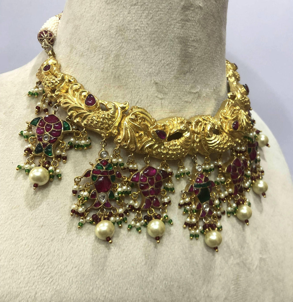 22kt Gold Mughal Jadau Necklace Set, Ruby Emerald Pearl Meenakari Peacock Fish Motif