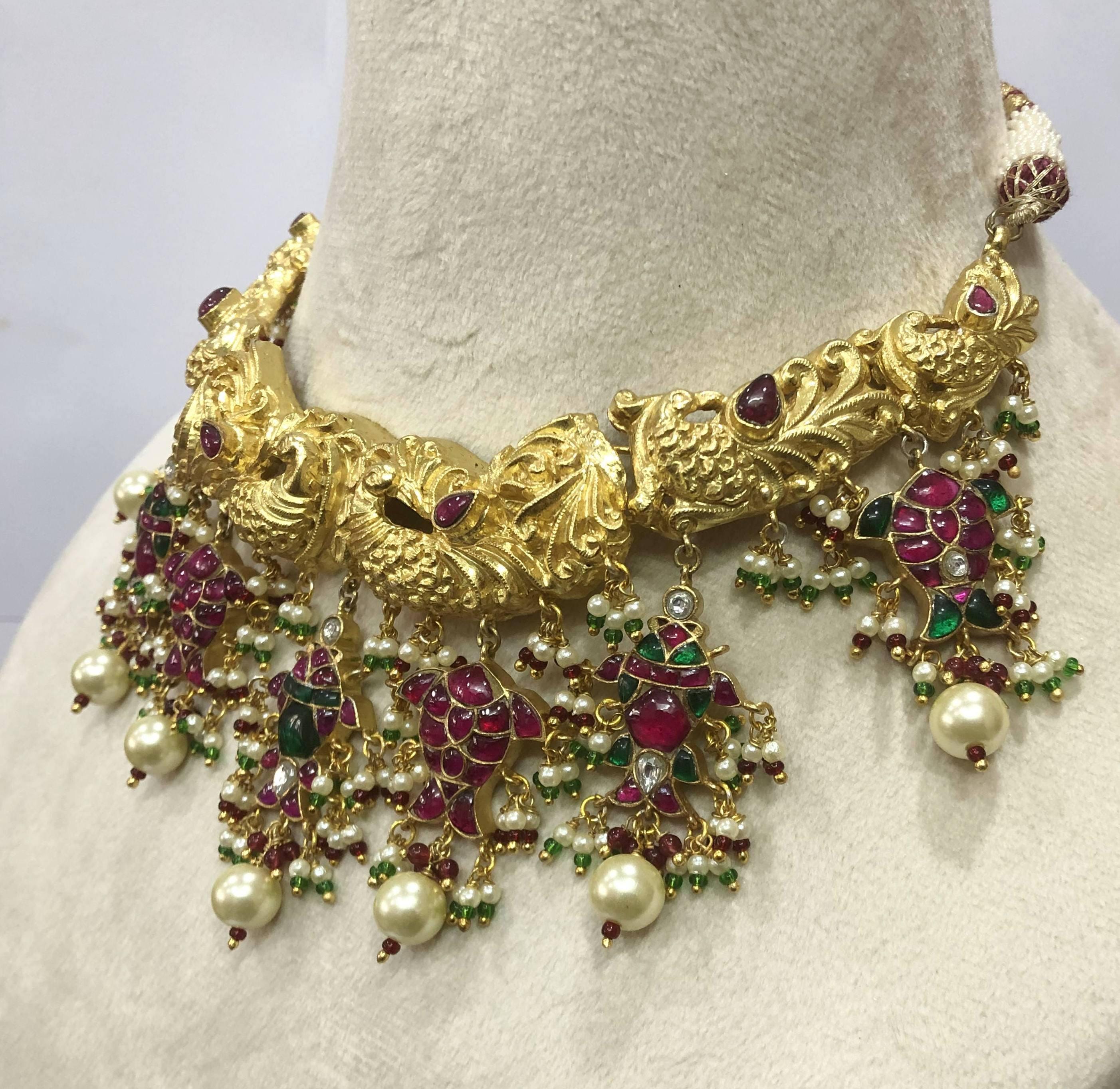 22kt Gold Mughal Jadau Necklace Set, Ruby Emerald Pearl Meenakari Peacock Fish Motif