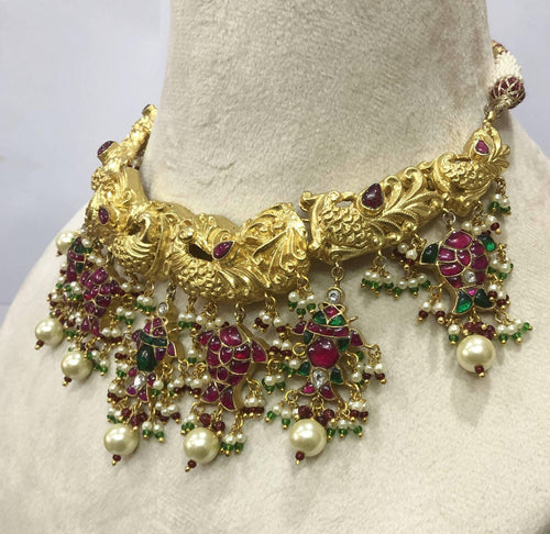 22kt Gold Mughal Jadau Necklace Set, Ruby Emerald Pearl Meenakari Peacock Fish Motif