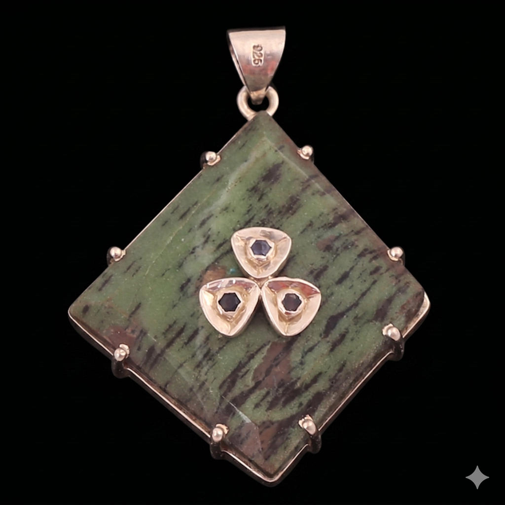 Handmade Rubyzoisite Gemstone Pendant, 18k Gold Sterling Silver Victorian Jadau Jewelry