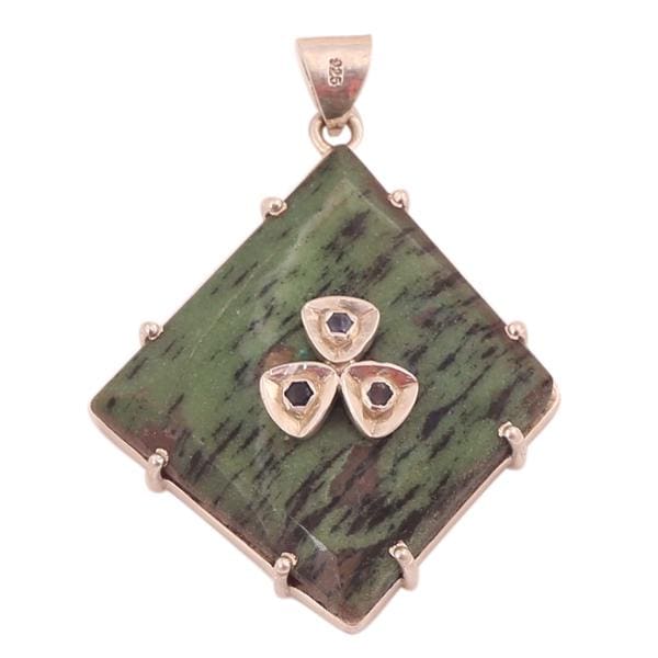 Handmade Rubyzoisite Gemstone Pendant, 18k Gold Sterling Silver Victorian Jadau Jewelry