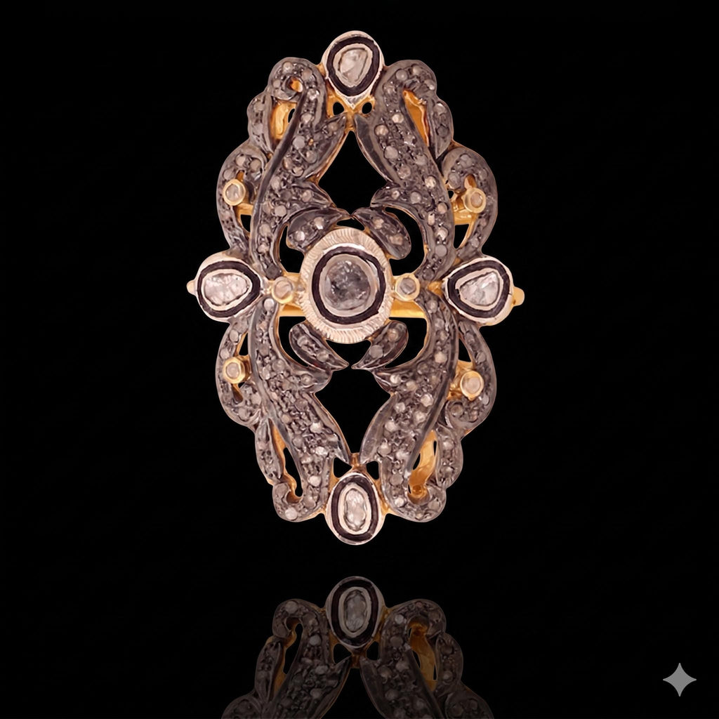 Victorian Rosecut Diamond Polki Ring, 18k Gold Sterling Silver, Jadau Artistry