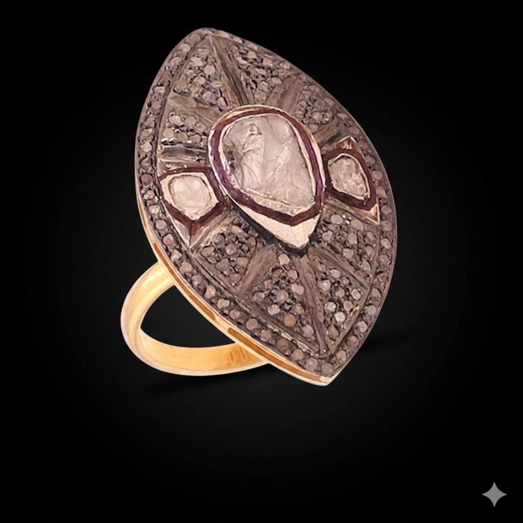Victorian Statement Ring, Rosecut Diamond Polki, 18k Gold Sterling Silver