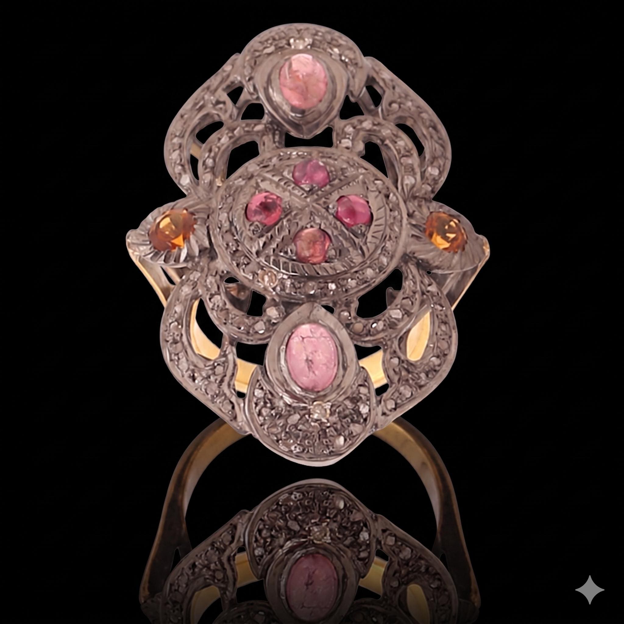 Yellow Sapphire and Ruby Polki Ring, 18k Gold & Sterling Silver Fashionable Victorian Statement Ring