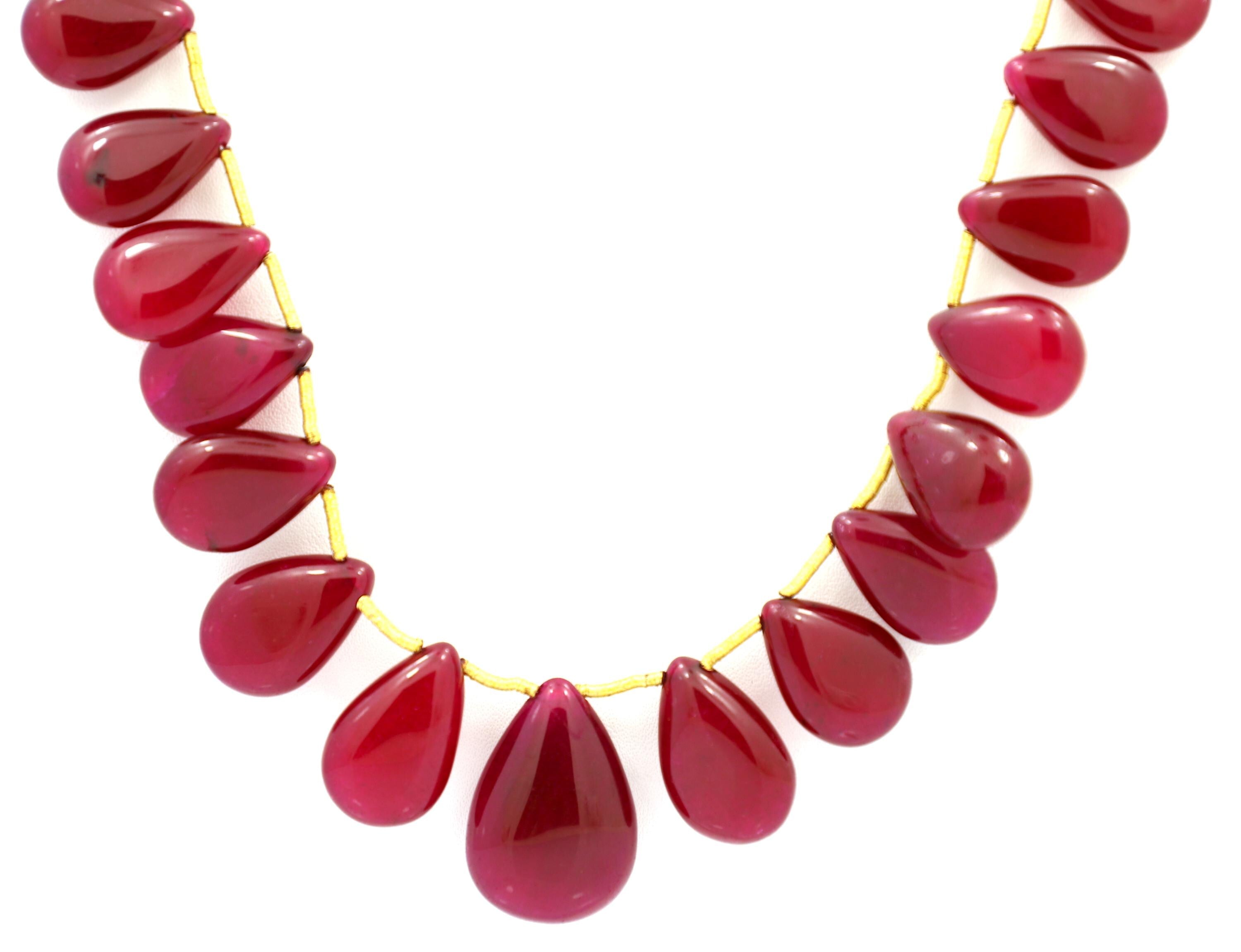 Glass-Filled Ruby Drop Beads Strand, 452.3 Carat Red Gemstone Necklace 11-19mm