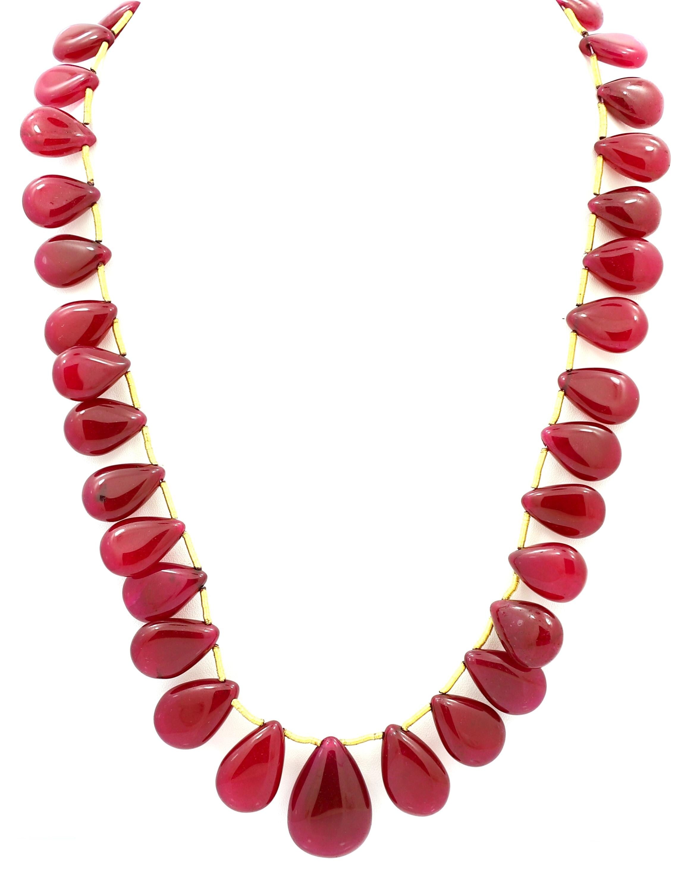 Glass-Filled Ruby Drop Beads Strand, 452.3 Carat Red Gemstone Necklace 11-19mm