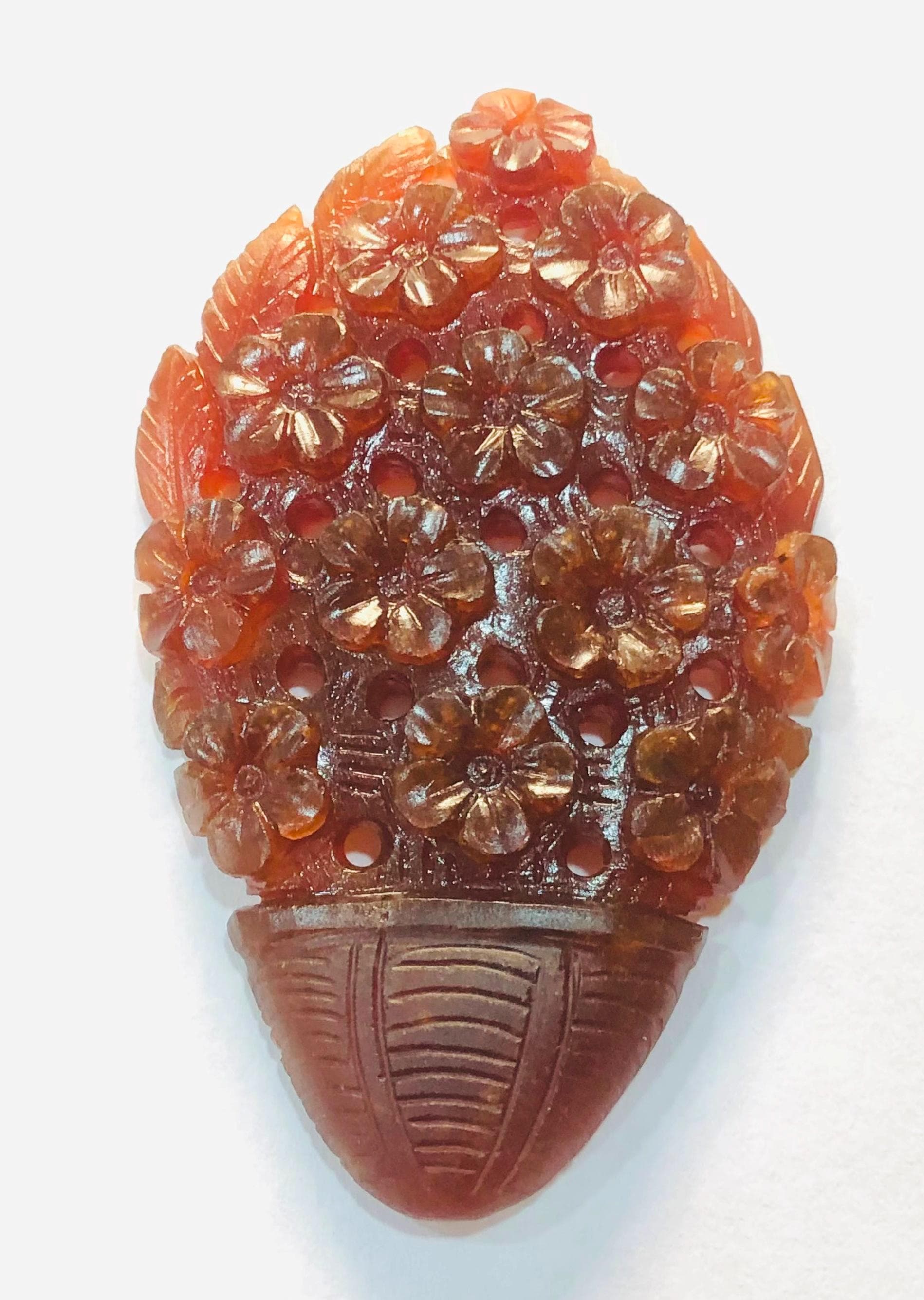 Hand Carved Natural Hessonite Flower Basket Statue, Gemstone Home Decor (123.4 Carat)