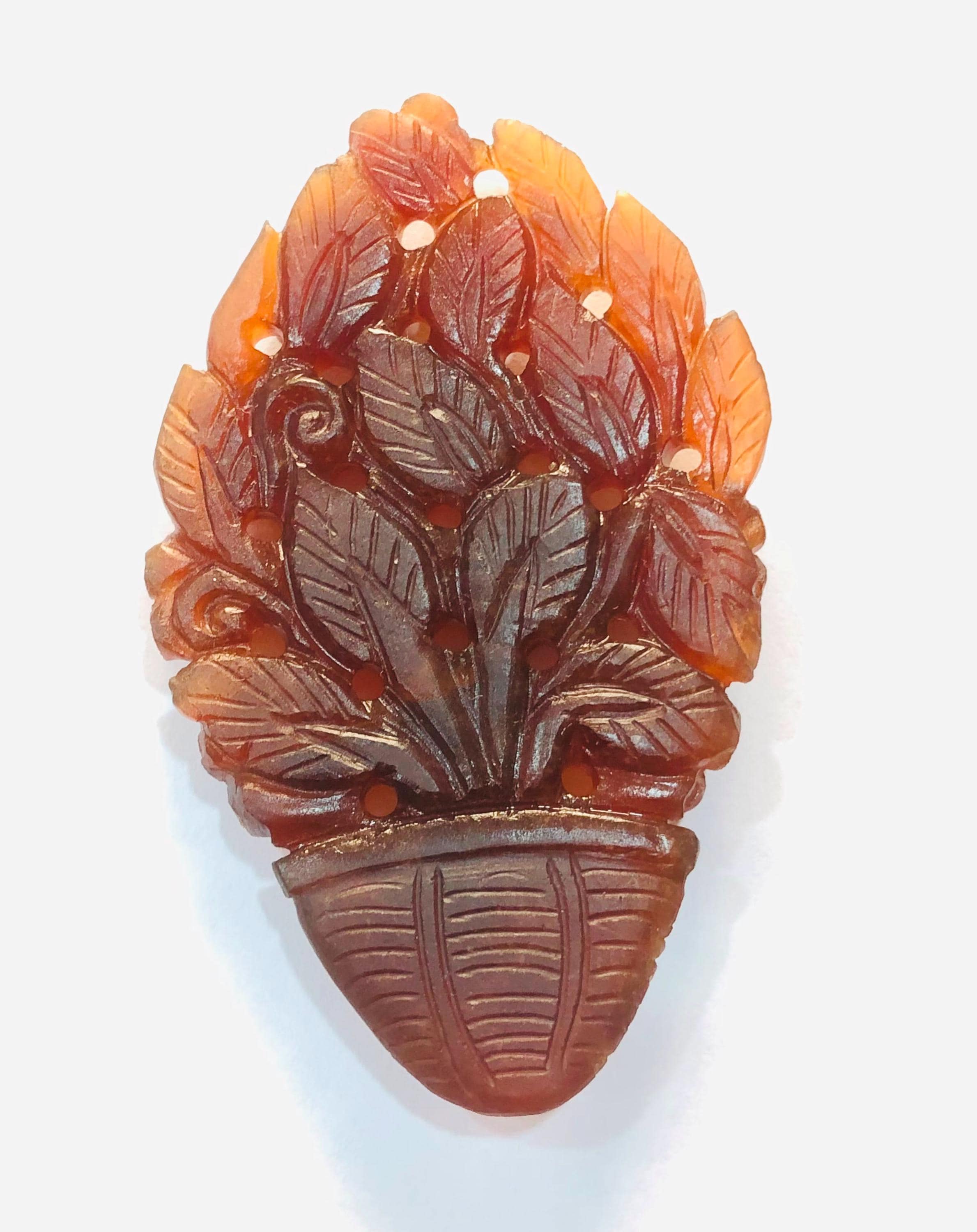 Hand Carved Natural Hessonite Flower Basket Statue, Gemstone Home Decor (123.4 Carat)