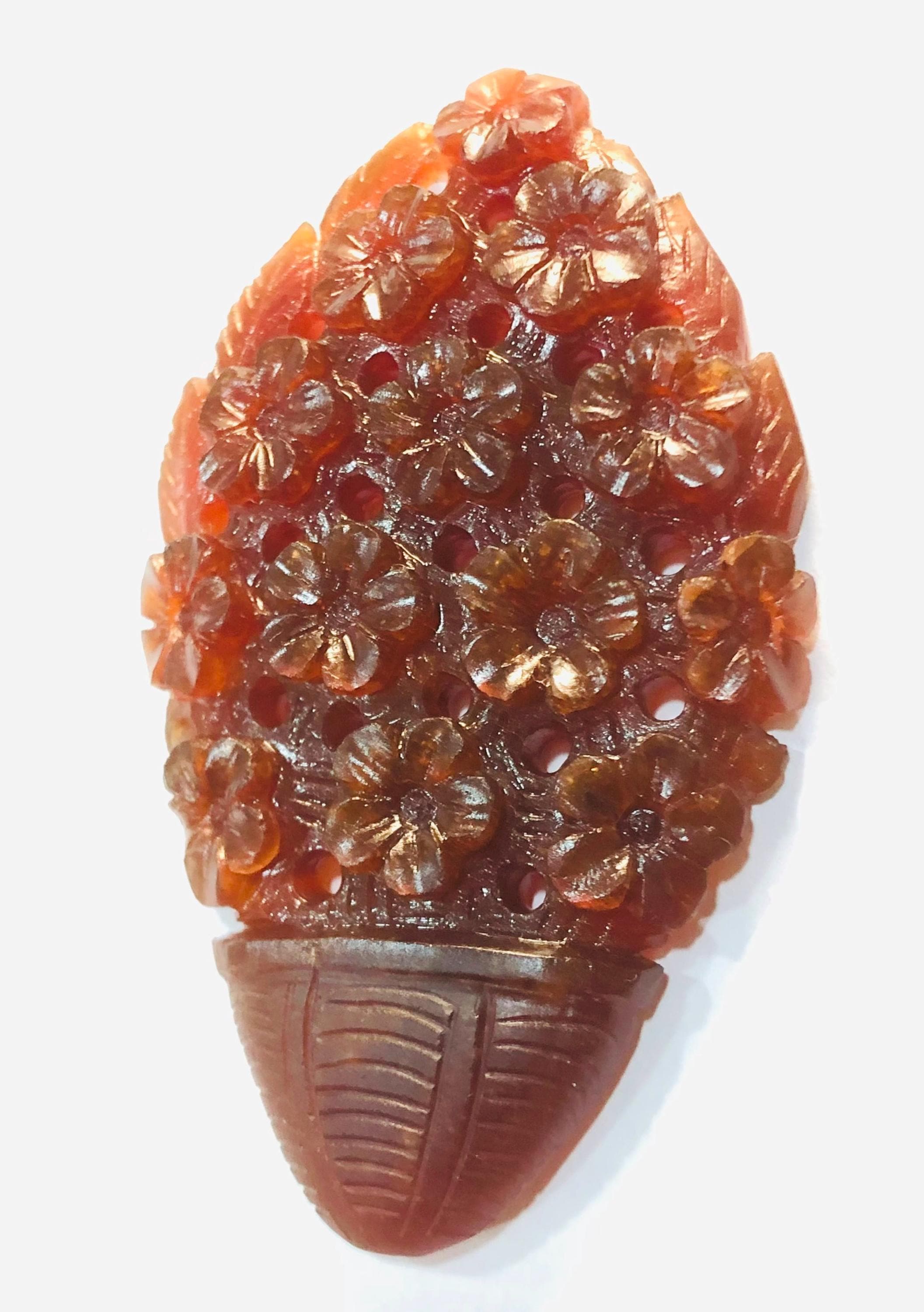 Hand Carved Natural Hessonite Flower Basket Statue, Gemstone Home Decor (123.4 Carat)