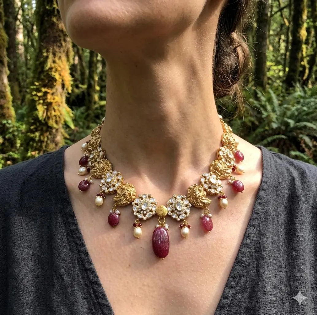 22kt Gold Mughal Jadau Necklace Set, Ruby Emerald Pearl Meenakari Peacock Fish Motif