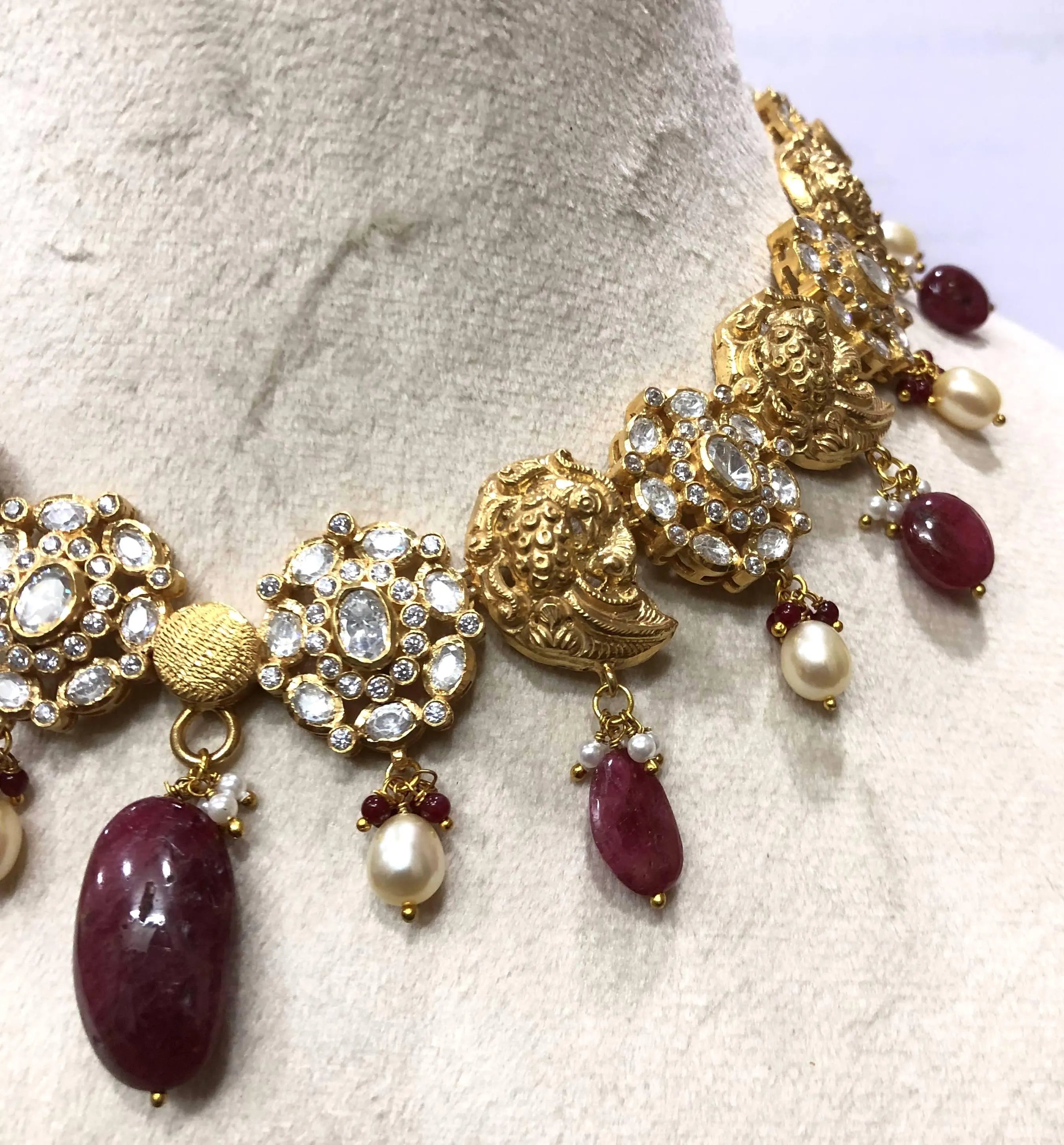 22kt Gold Mughal Jadau Necklace Set, Ruby Emerald Pearl Meenakari Peacock Fish Motif