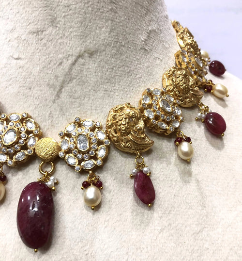 22kt Gold Mughal Jadau Necklace Set, Ruby Emerald Pearl Meenakari Peacock Fish Motif