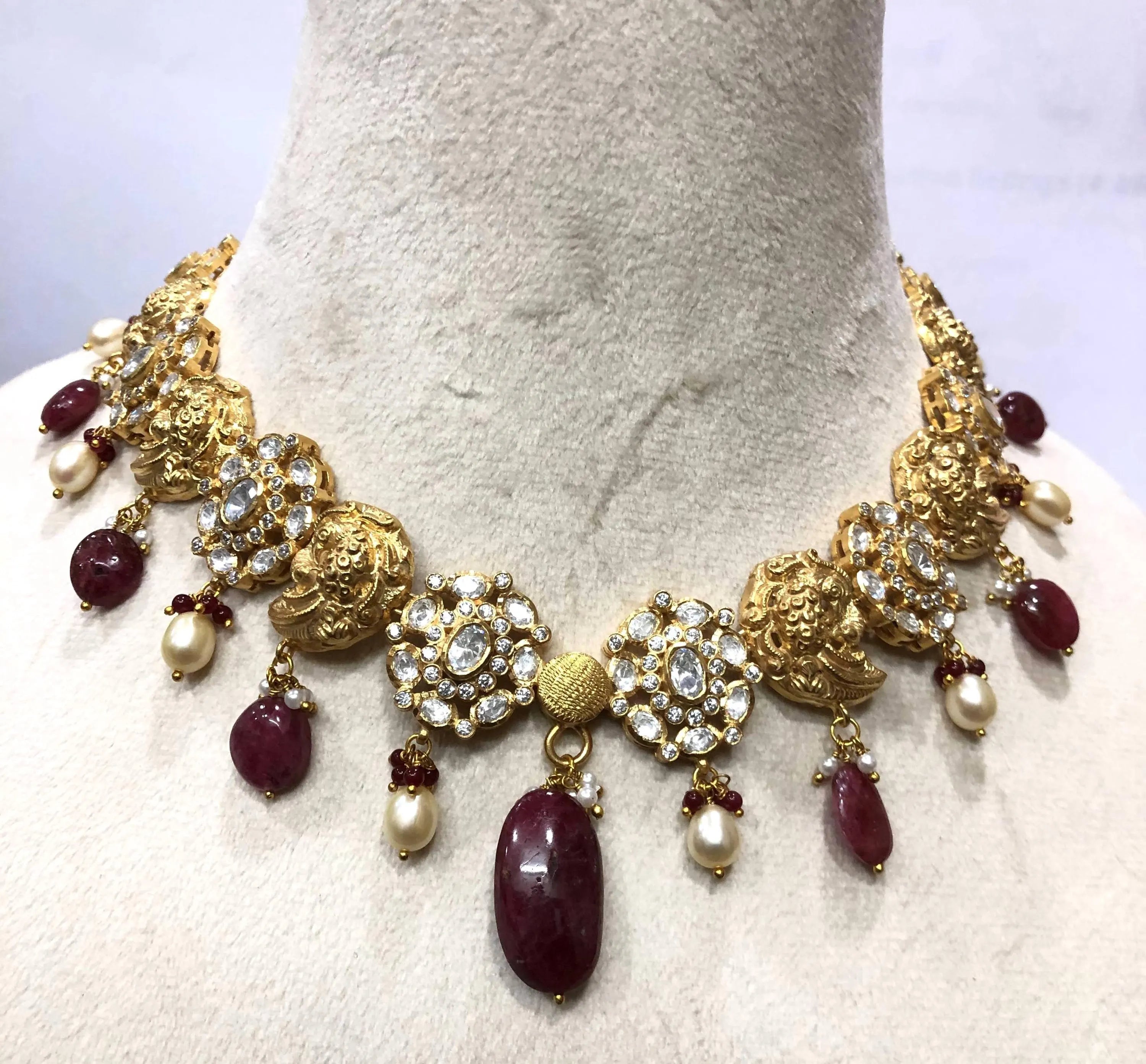 22kt Gold Mughal Jadau Necklace Set, Ruby Emerald Pearl Meenakari Peacock Fish Motif