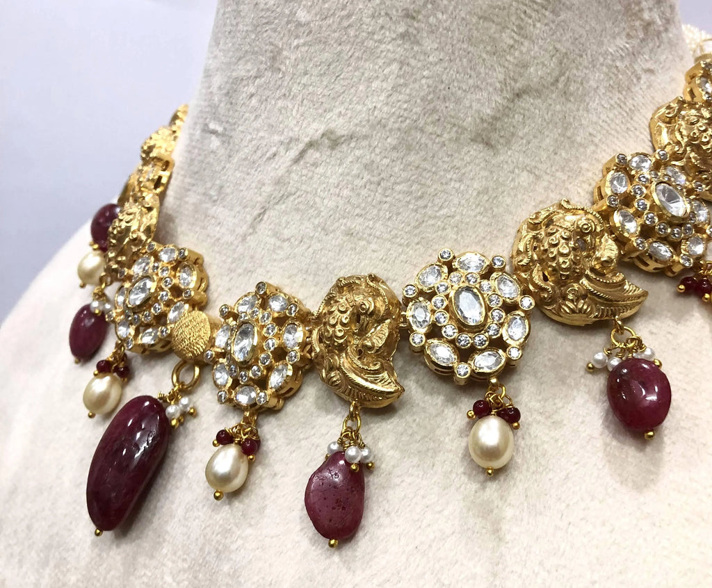 22kt Gold Mughal Jadau Necklace Set, Ruby Emerald Pearl Meenakari Peacock Fish Motif