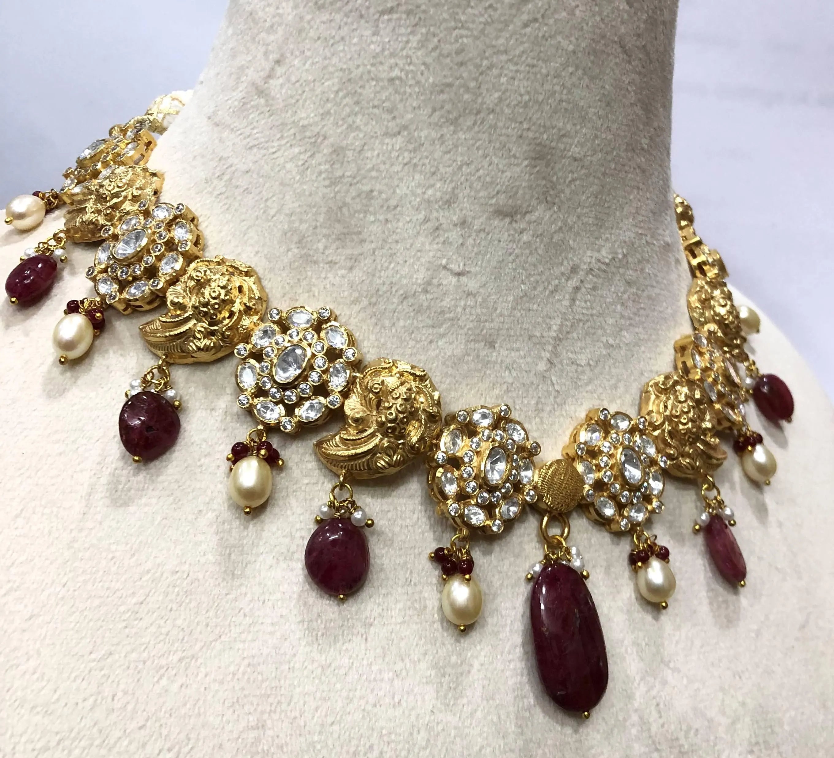22kt Gold Mughal Jadau Necklace Set, Ruby Emerald Pearl Meenakari Peacock Fish Motif