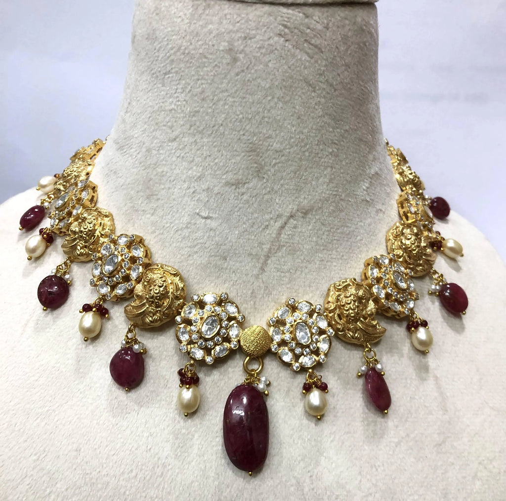 22kt Gold Mughal Jadau Necklace Set, Ruby Emerald Pearl Meenakari Peacock Fish Motif