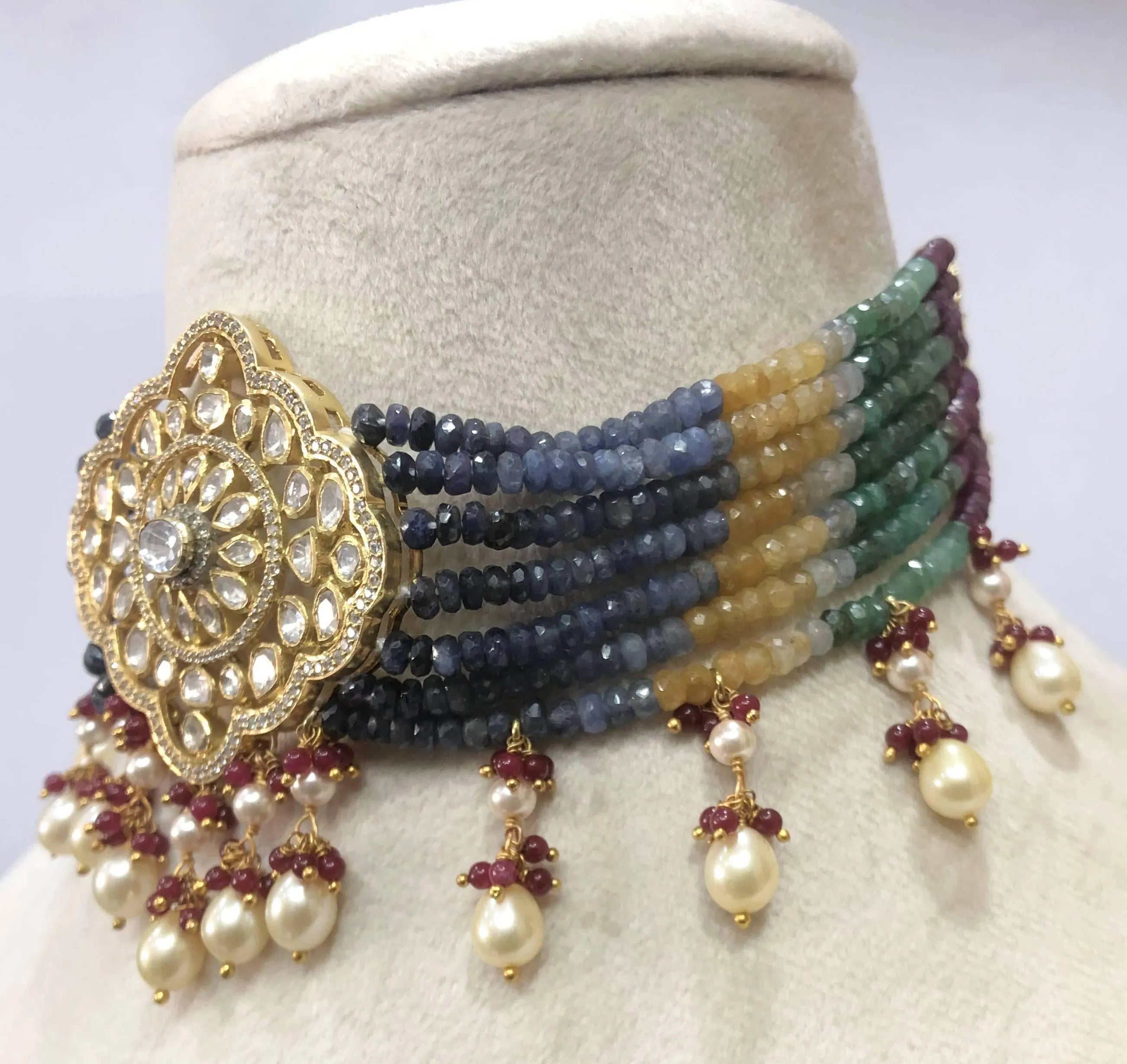 22kt Gold Navratna Necklace Set, Meenakari Jadau Gemstone Statement Jewelry