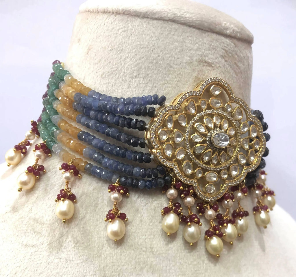 22kt Gold Navratna Necklace Set, Meenakari Jadau Gemstone Statement Jewelry