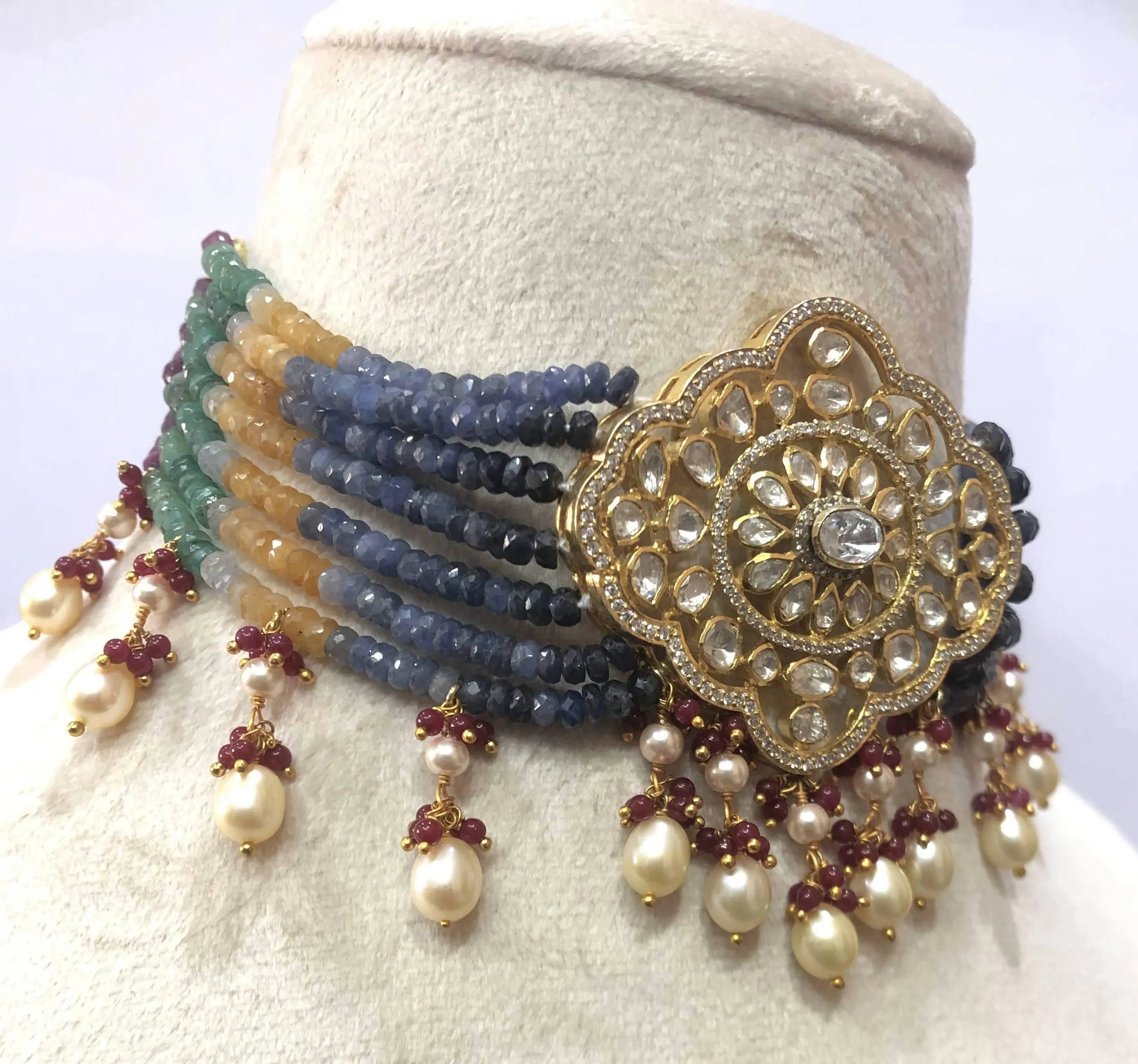 22kt Gold Navratna Necklace Set, Meenakari Jadau Gemstone Statement Jewelry