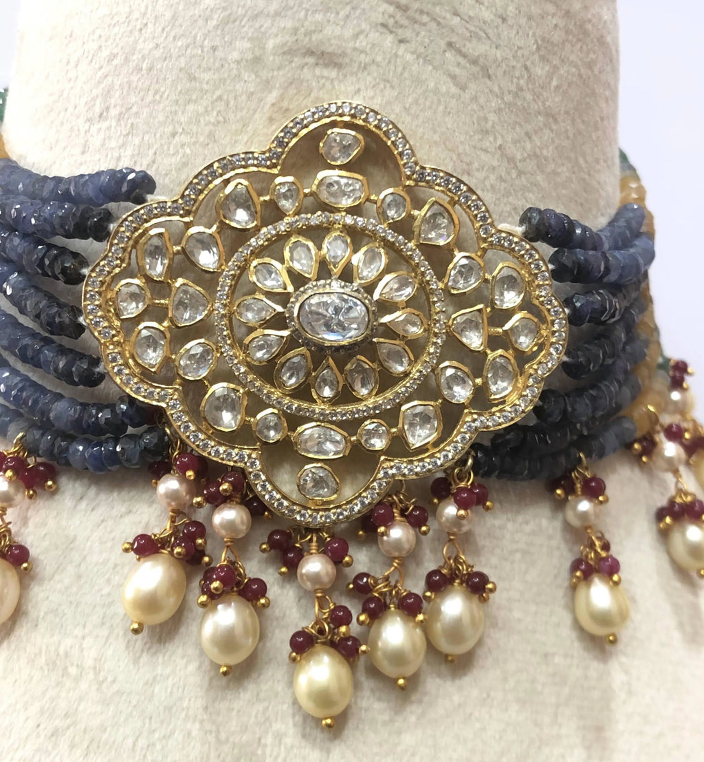 22kt Gold Navratna Necklace Set, Meenakari Jadau Gemstone Statement Jewelry