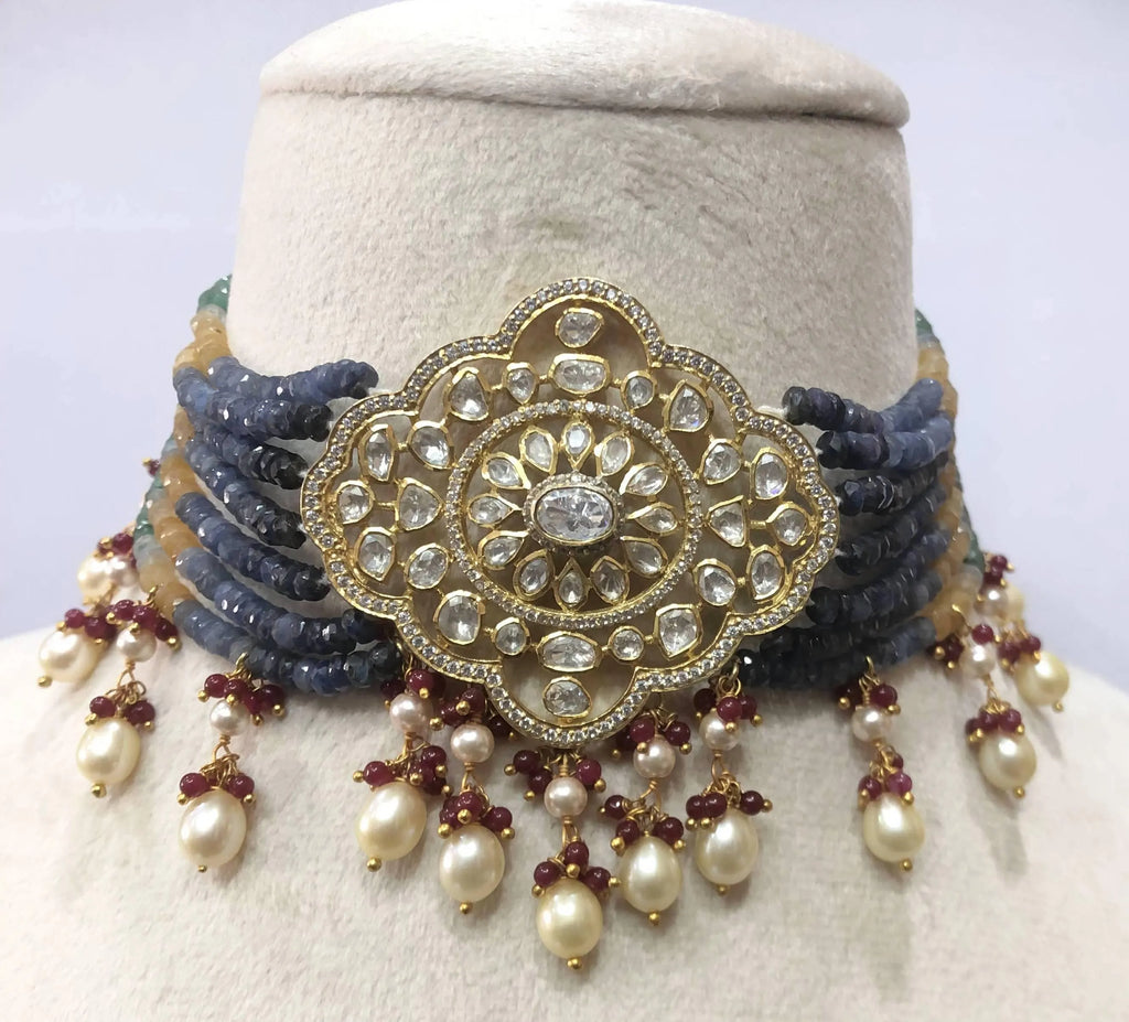 22kt Gold Navratna Necklace Set, Meenakari Jadau Gemstone Statement Jewelry