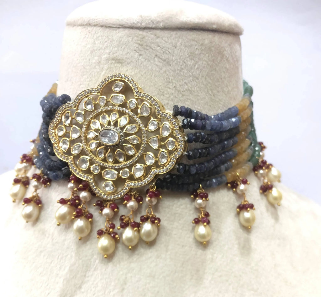 22kt Gold Navratna Necklace Set, Meenakari Jadau Gemstone Statement Jewelry