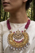 22kt Gold Ruby Pearl Temple Necklace, Handmade Jadau Pendant for Women