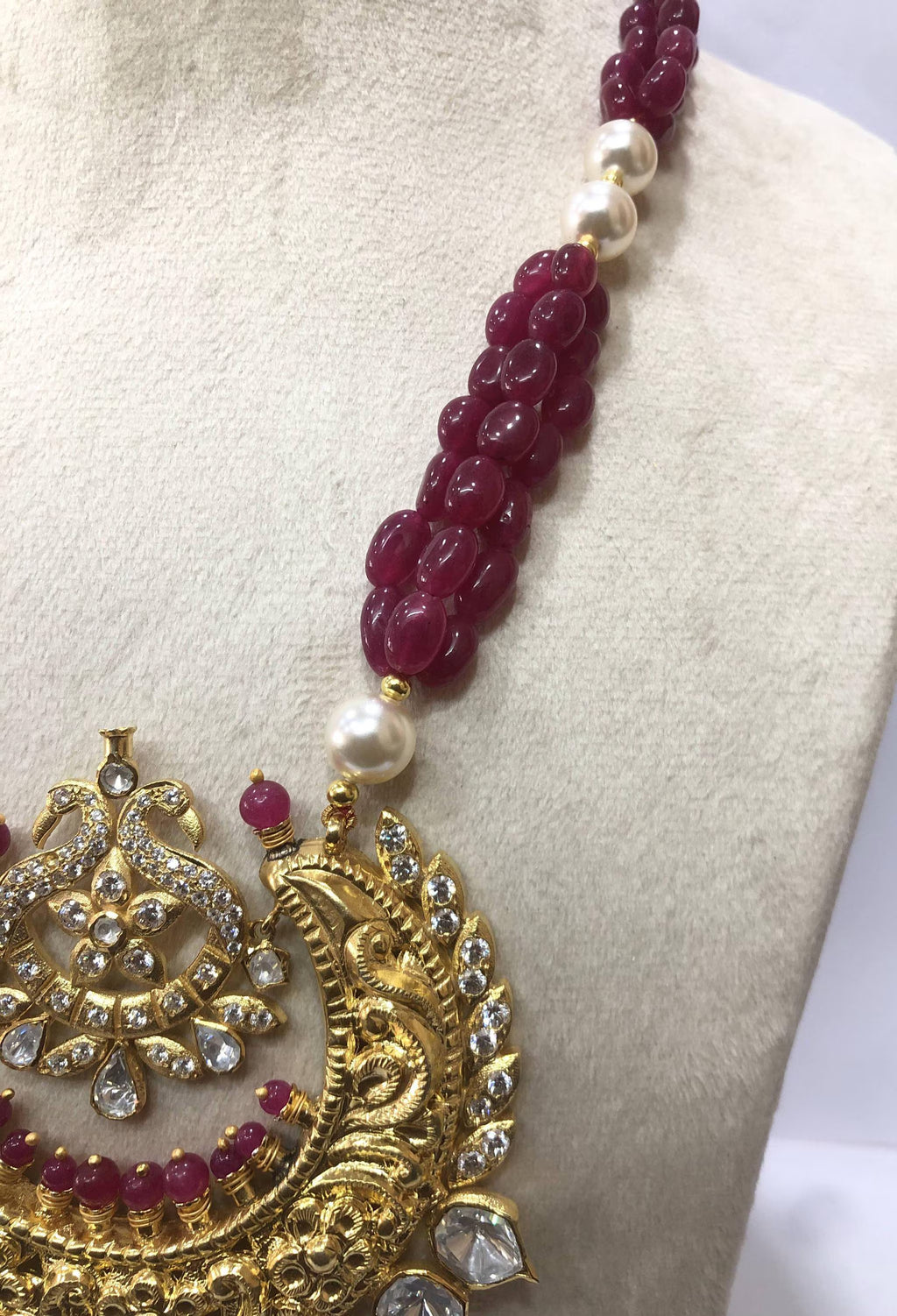 22kt Gold Ruby Pearl Temple Necklace, Handmade Jadau Pendant for Women