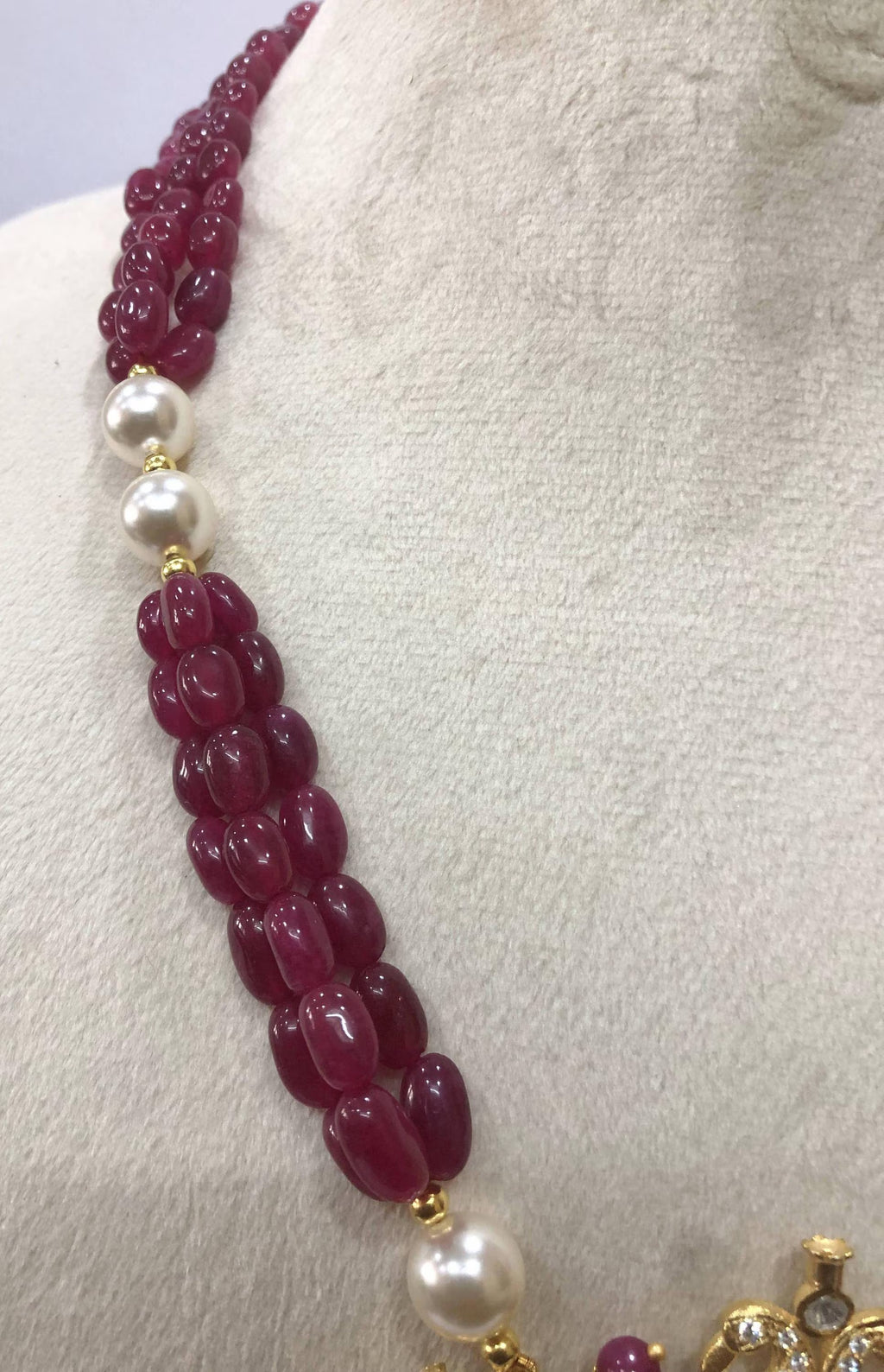22kt Gold Ruby Pearl Temple Necklace, Handmade Jadau Pendant for Women
