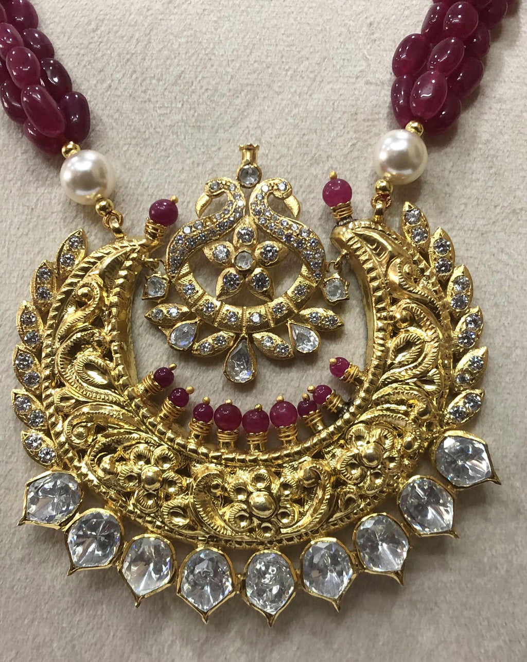 22kt Gold Ruby Pearl Temple Necklace, Handmade Jadau Pendant for Women