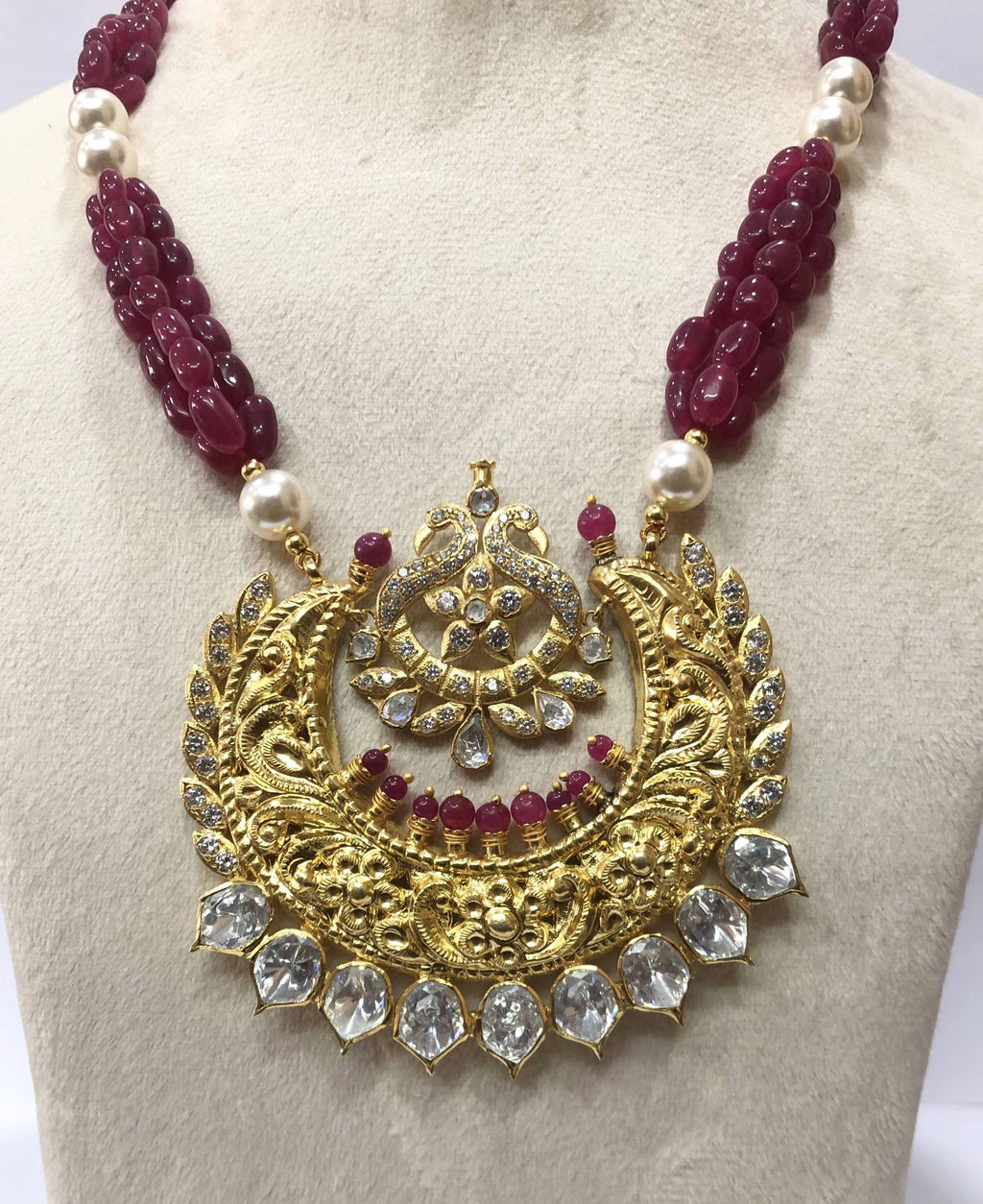22kt Gold Ruby Pearl Temple Necklace, Handmade Jadau Pendant for Women